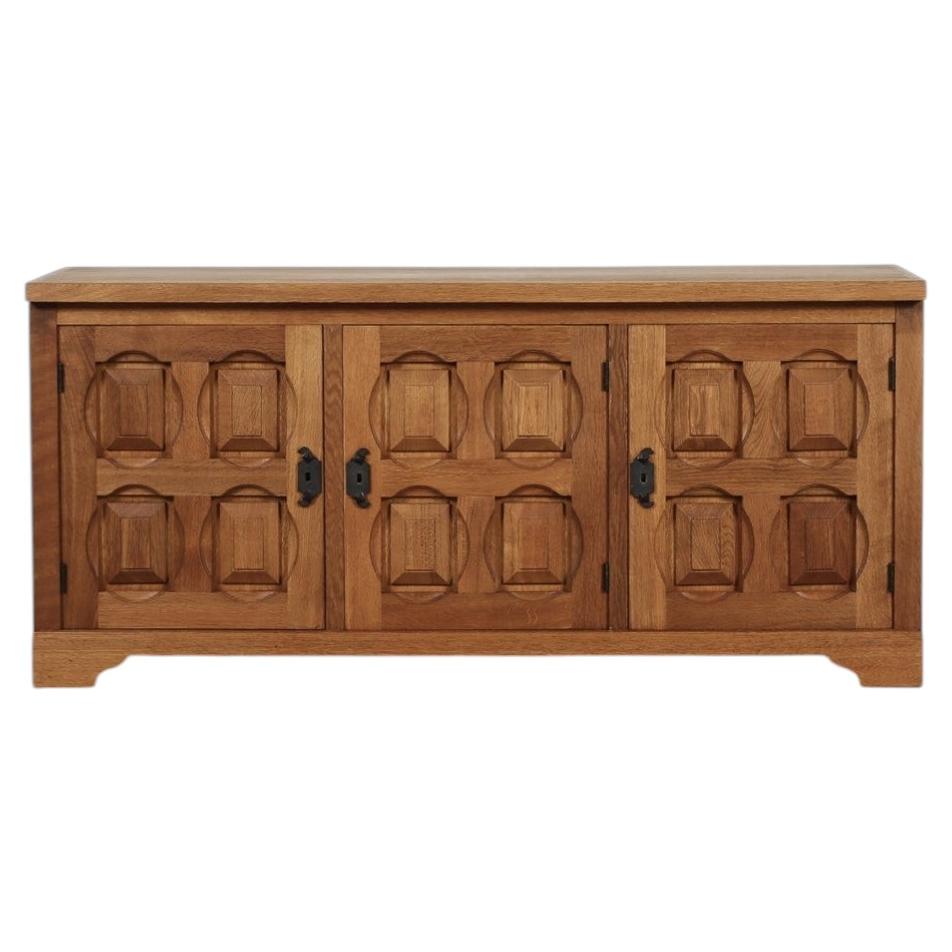 Brutalist Belgian Oak Credenza with Carved Geometric Doors