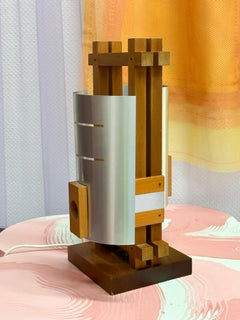 Brutalist Constructivist 70s Italian Bent Aluminium Wood Table Lamp