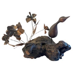 Brutalist Bird + Flower Statuette in Copper & Burl