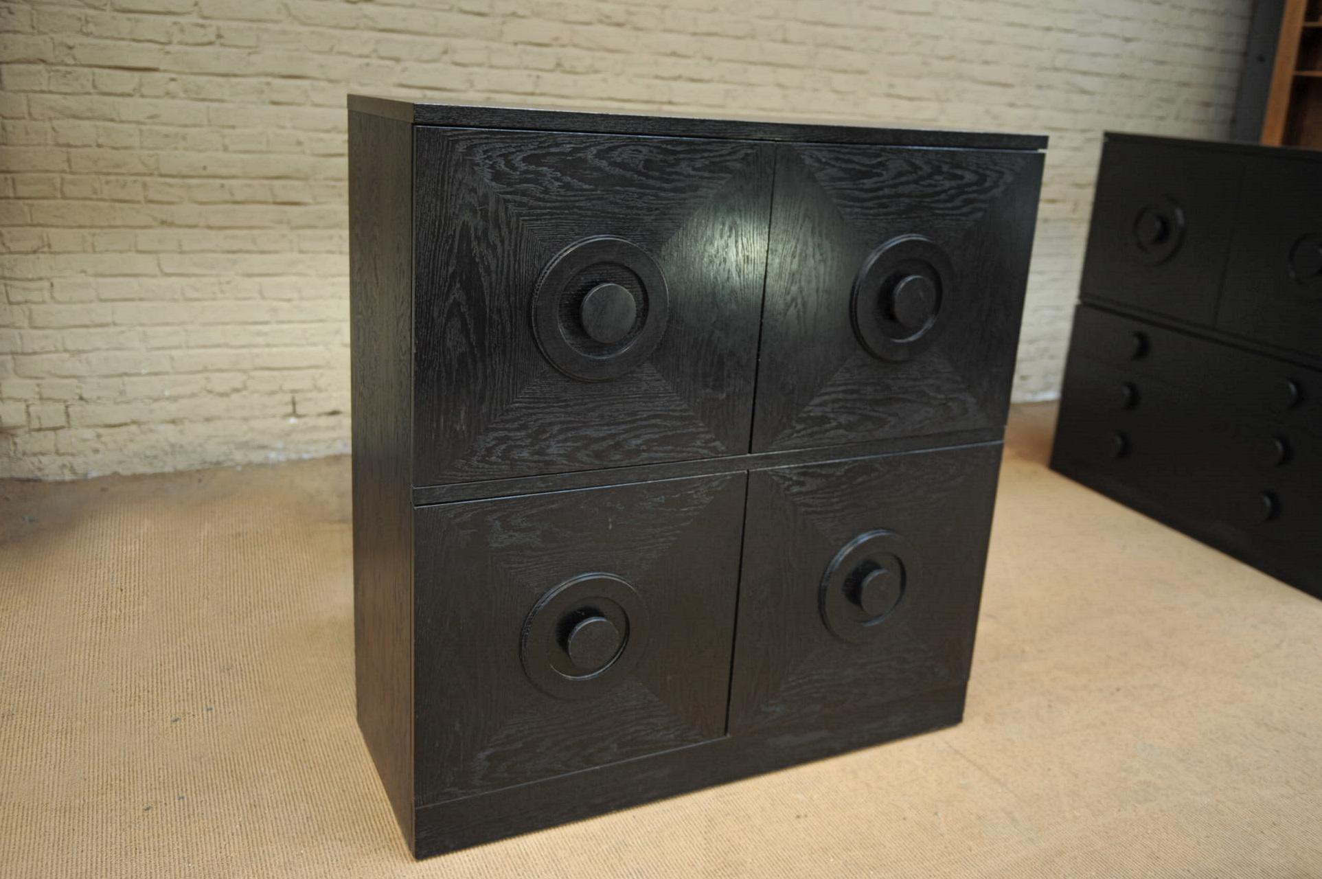 Brutalist Black Ebonized Oak Cabinets and Bar, 1970s In Good Condition For Sale In Roubaix, FR