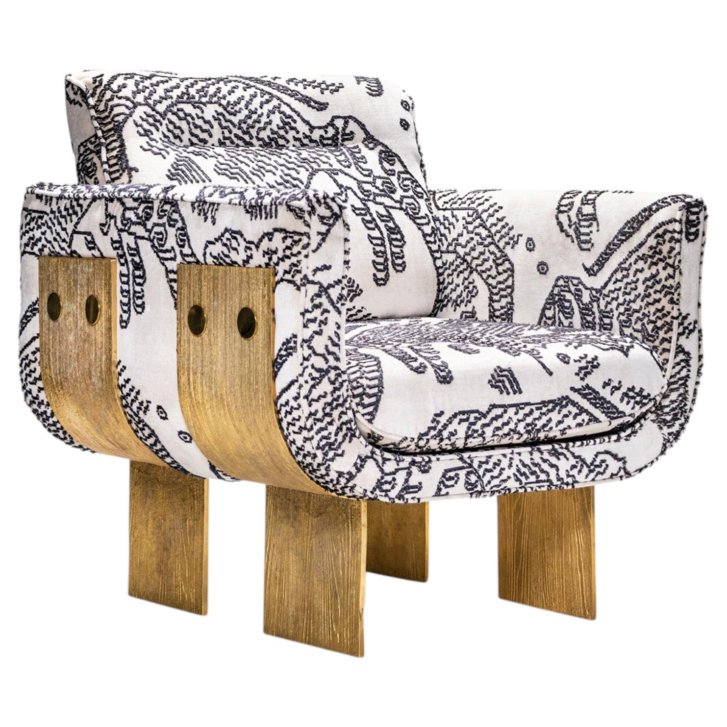 Brutalist Embroidered Ivory Velvet & Cast Brass Lounge Chair, Egg Designs For Sale