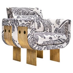 Brutalist Embroidered Ivory Velvet & Cast Brass Lounge Chair, Egg Designs