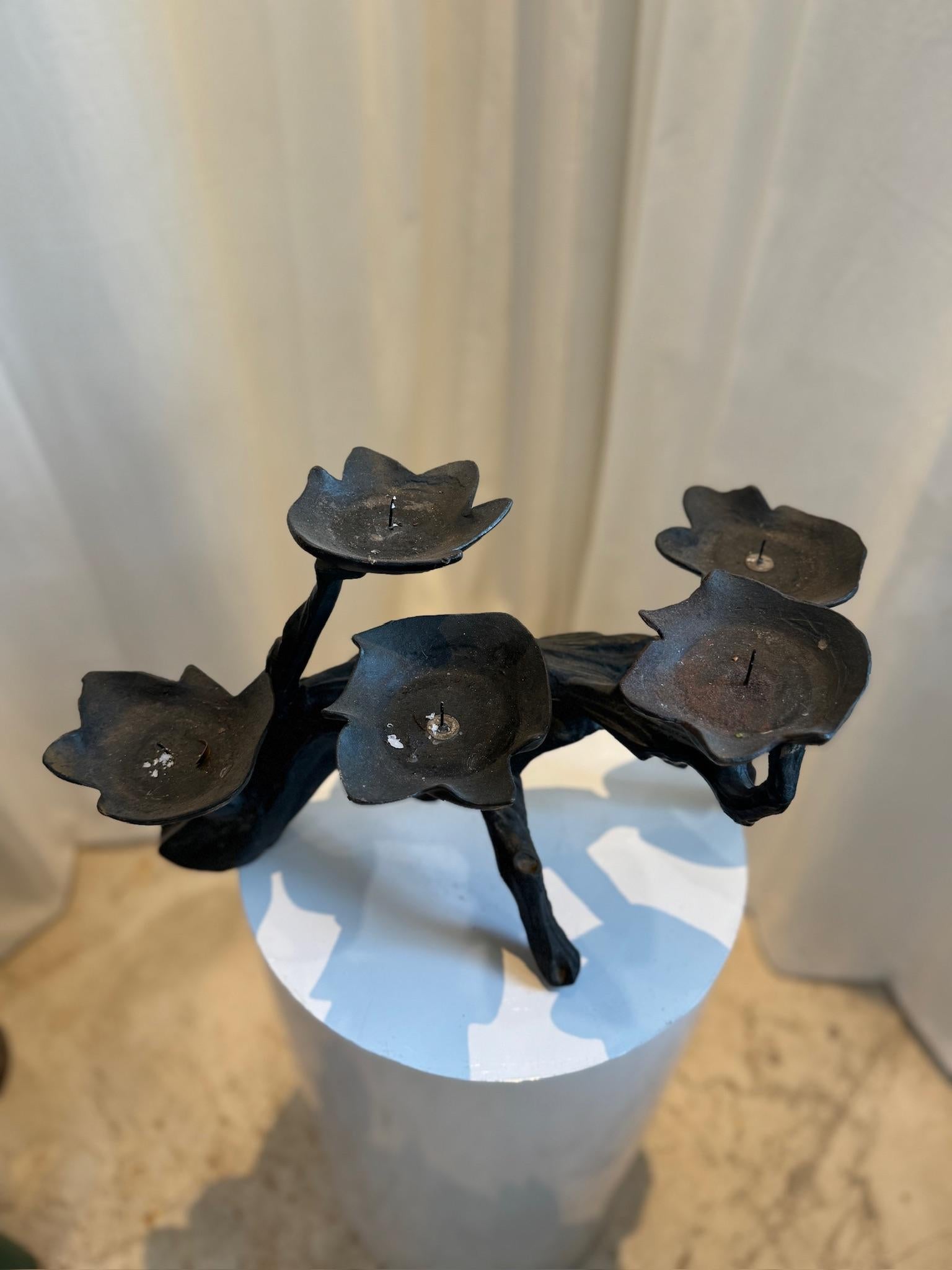 Rustic Brutalist Black Iron Candelabra with Wood Grain Pattern For Sale