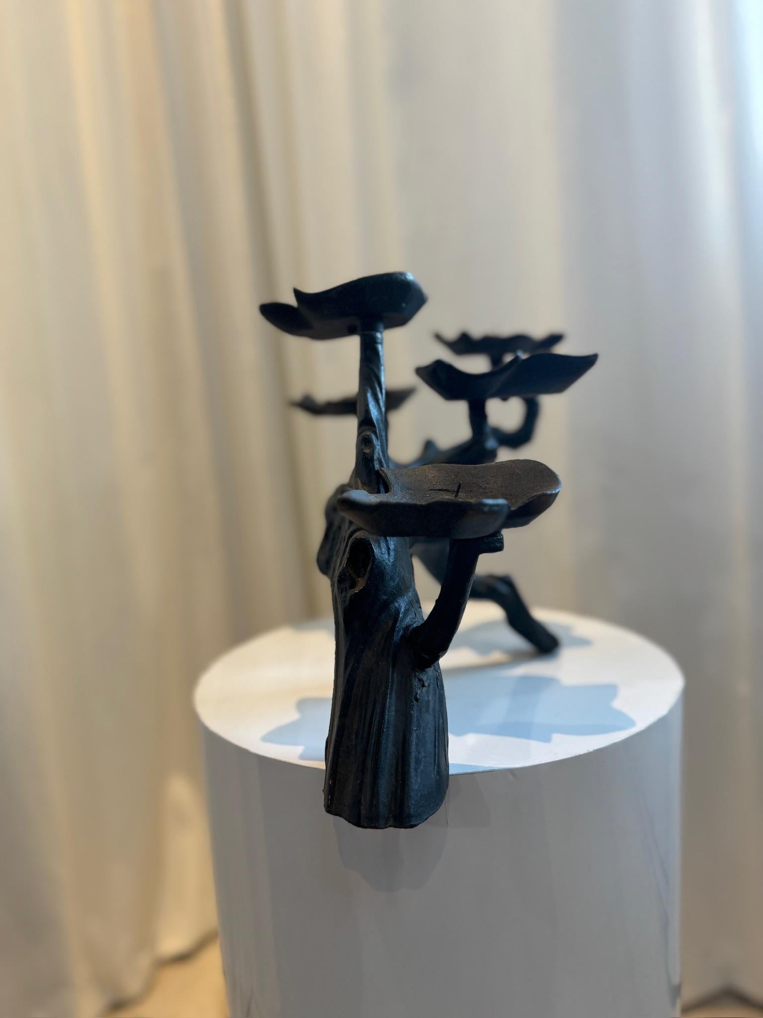 American Brutalist Black Iron Candelabra with Wood Grain Pattern For Sale