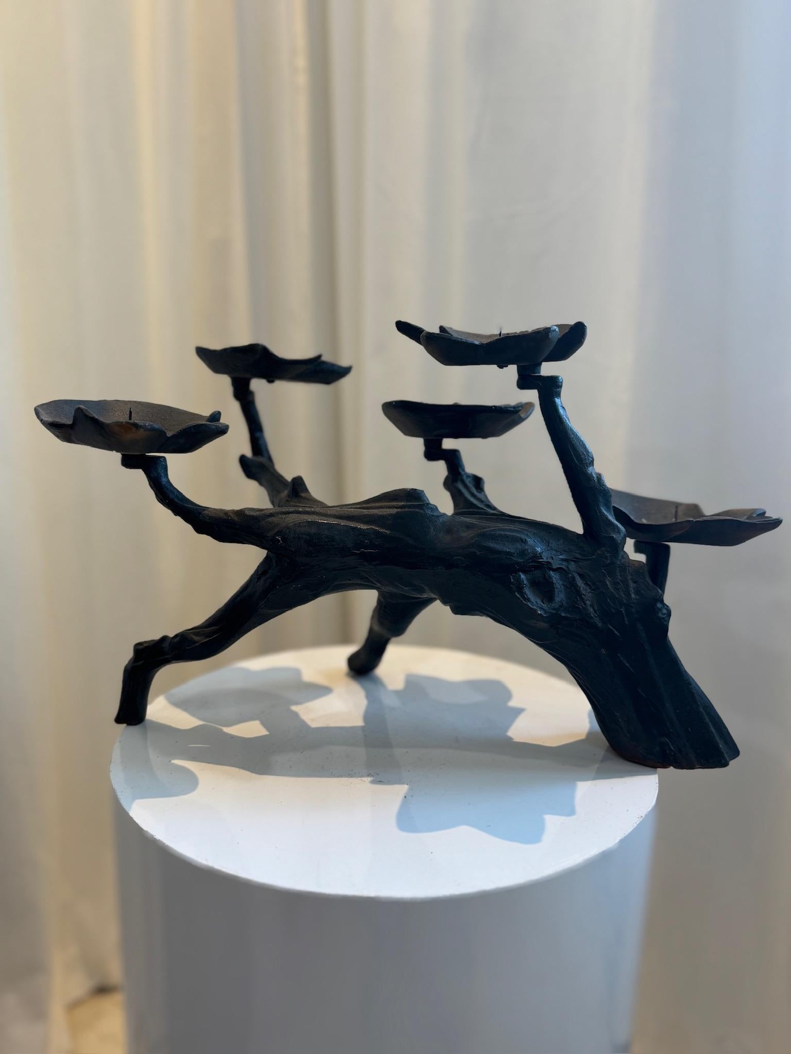 Cast Brutalist Black Iron Candelabra with Wood Grain Pattern For Sale