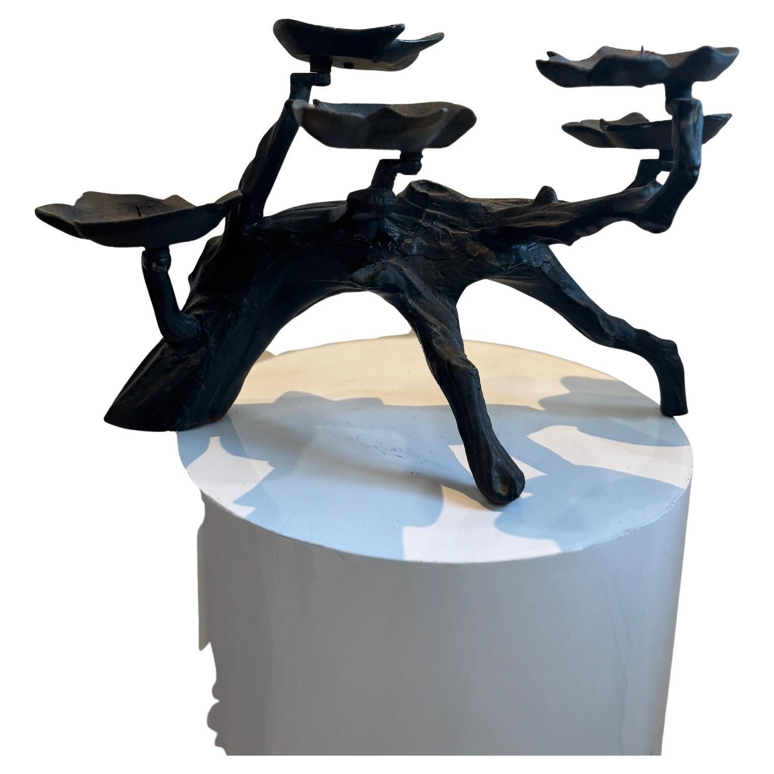 Brutalist Black Iron Candelabra with Wood Grain Pattern For Sale