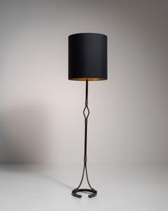 Brutalist Black Iron Floor Lamp with Fabric Shade, 20th Century