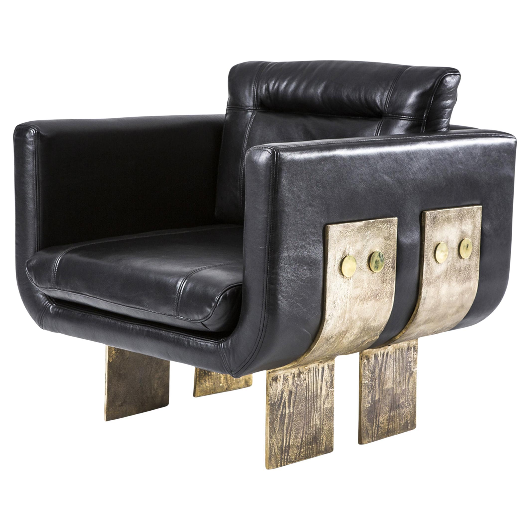 Brutalist Black Leather & Cast Solid Brass Lounge Chair by Egg Designs