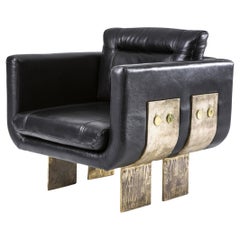 Antique Brutalist Black Leather & Cast Solid Brass Lounge Chair by Egg Designs