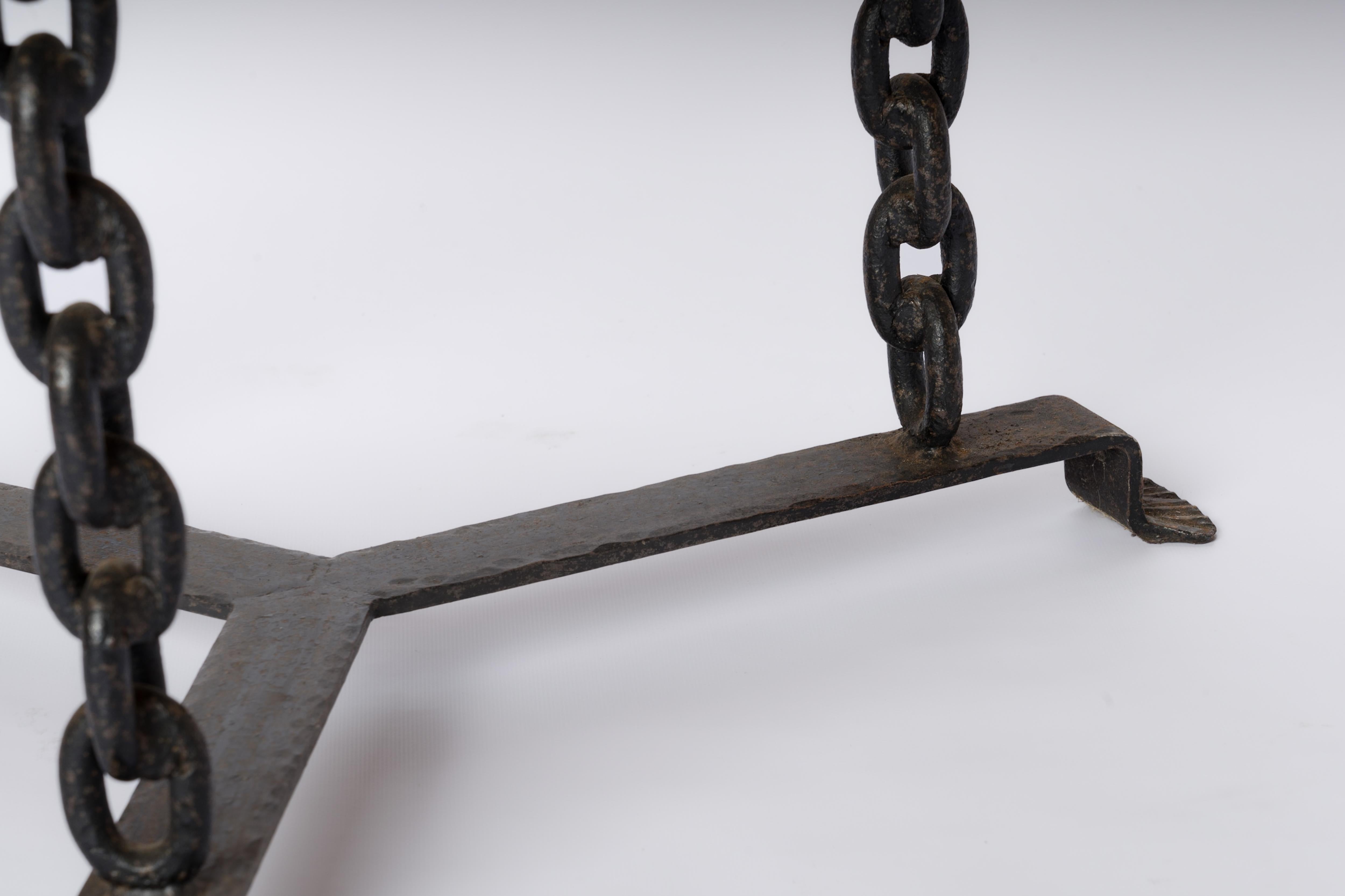 Brutalist Black Welded Chain and Solid Tinted Oak Top Side Table - France 1970s 1