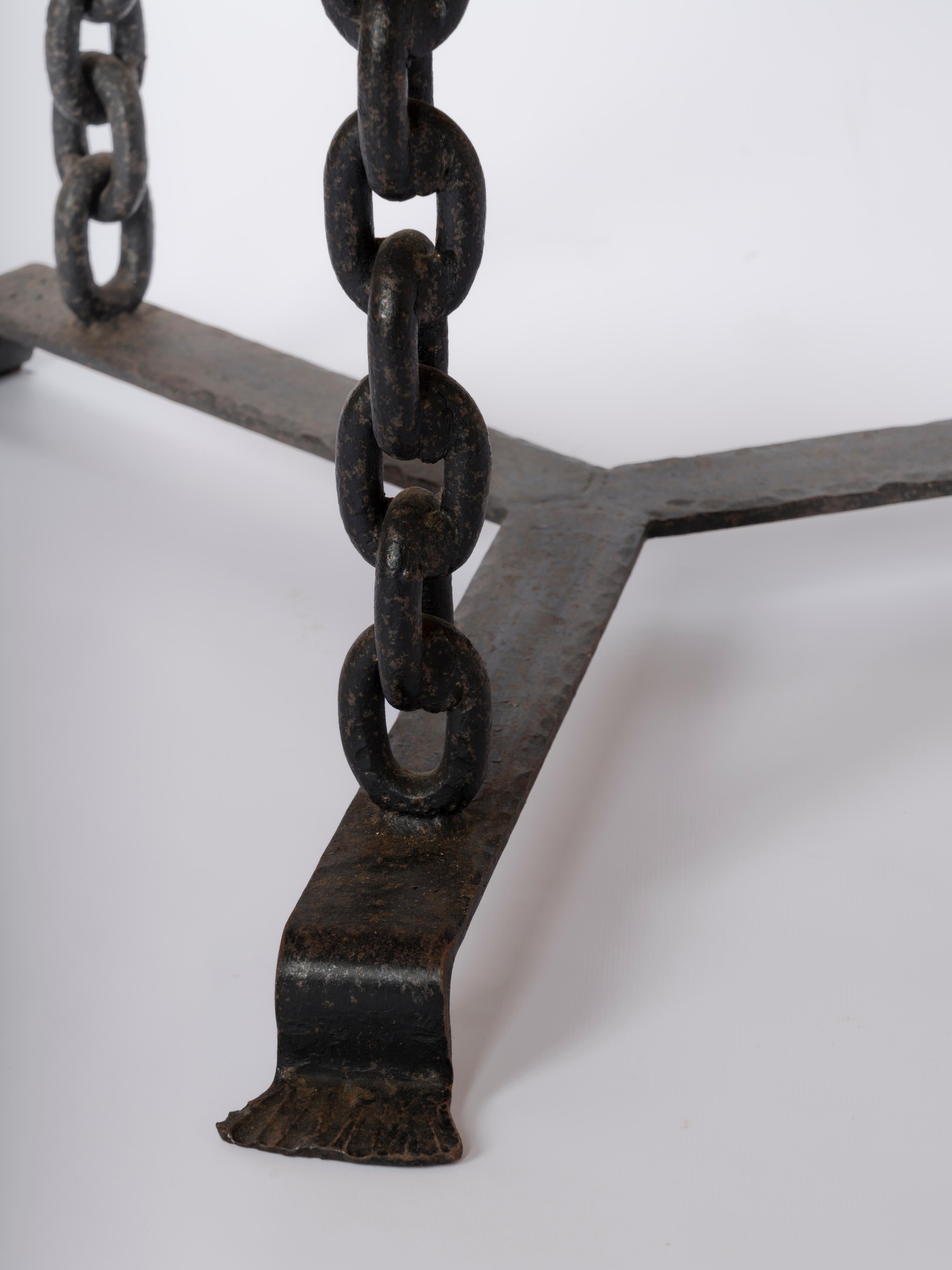 French Brutalist Black Welded Chain and Solid Tinted Oak Top Side Table - France 1970s
