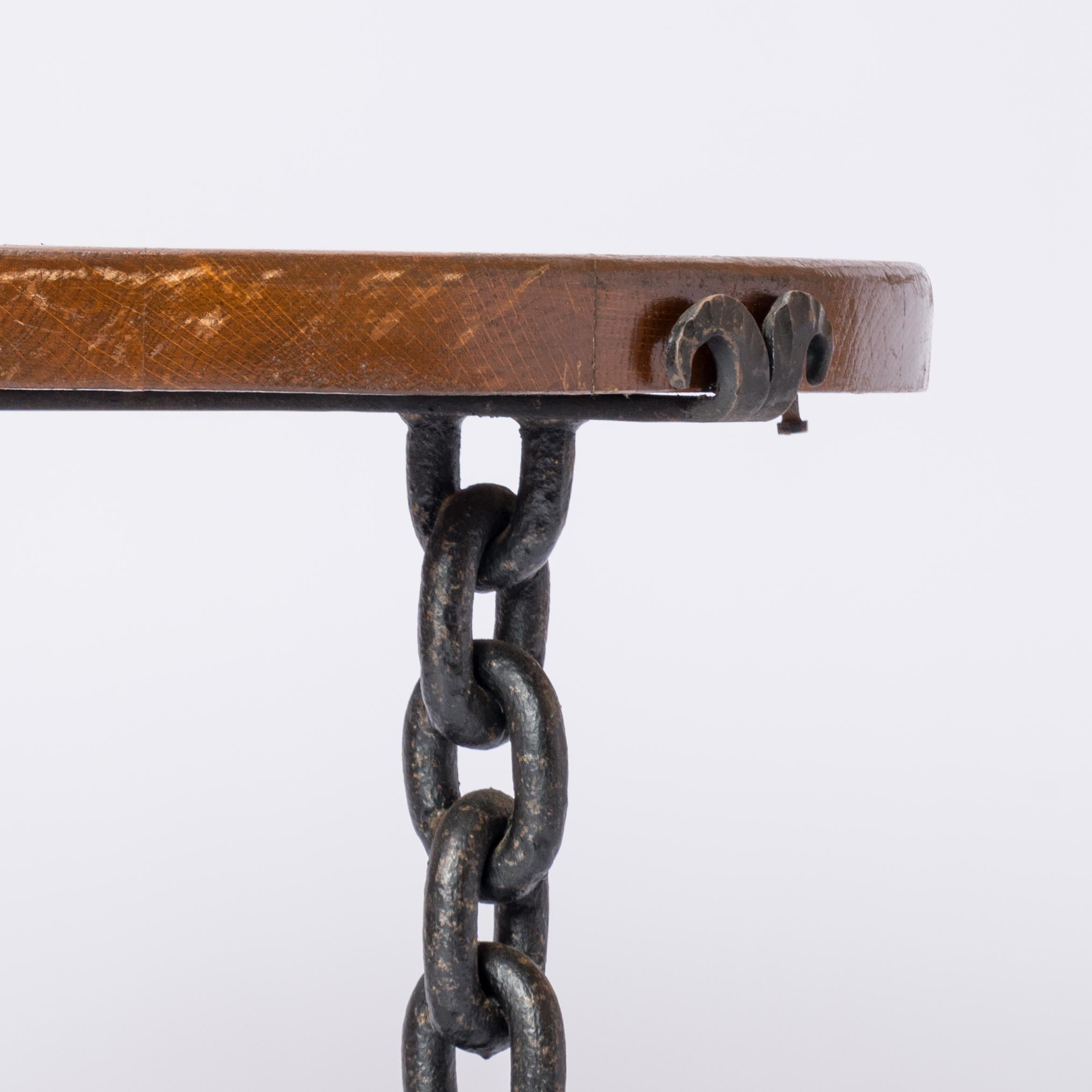 Late 20th Century Brutalist Black Welded Chain and Solid Tinted Oak Top Side Table - France 1970s
