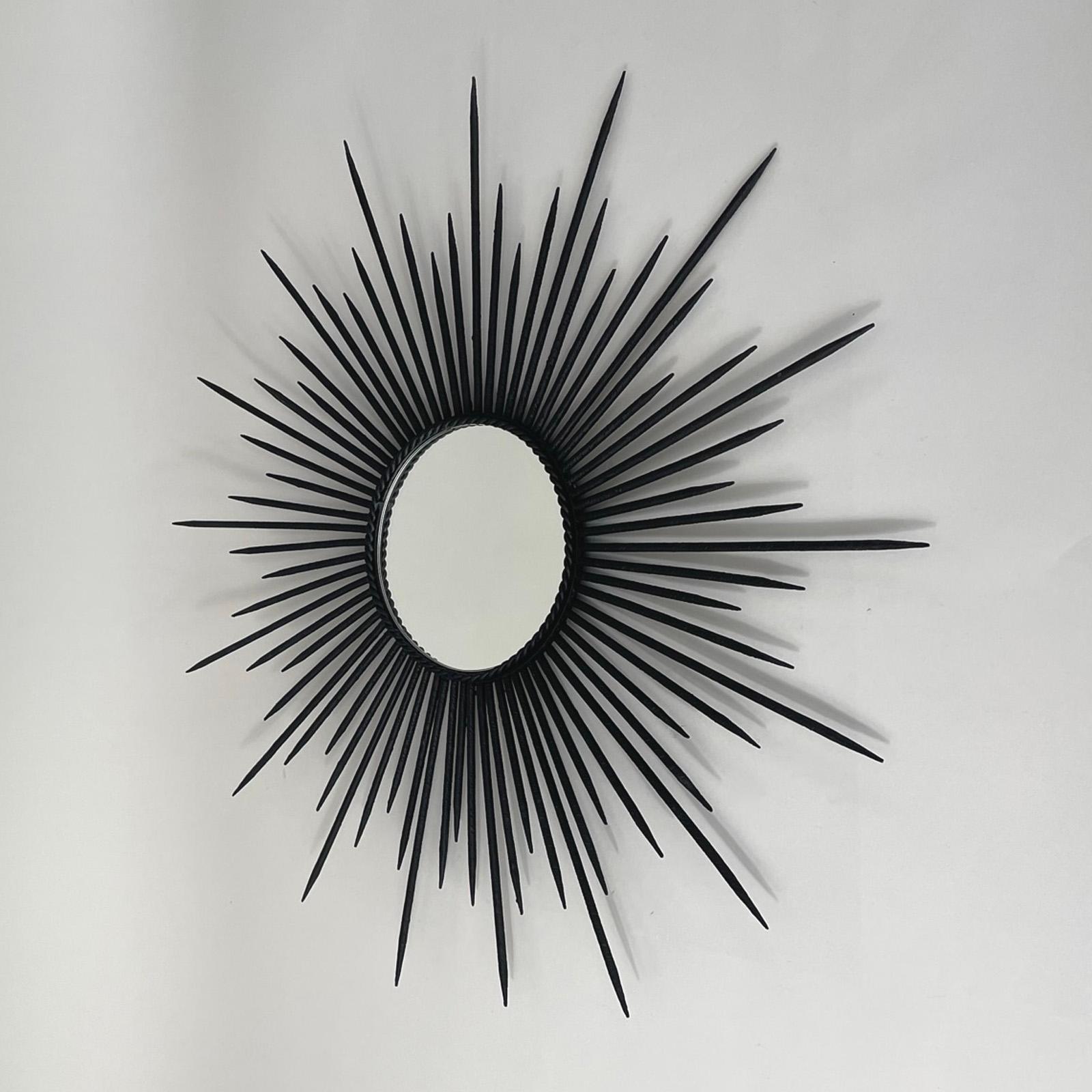 Brutalist Black Wrought Iron Sunburst Mirror, France, 1950s For Sale 3
