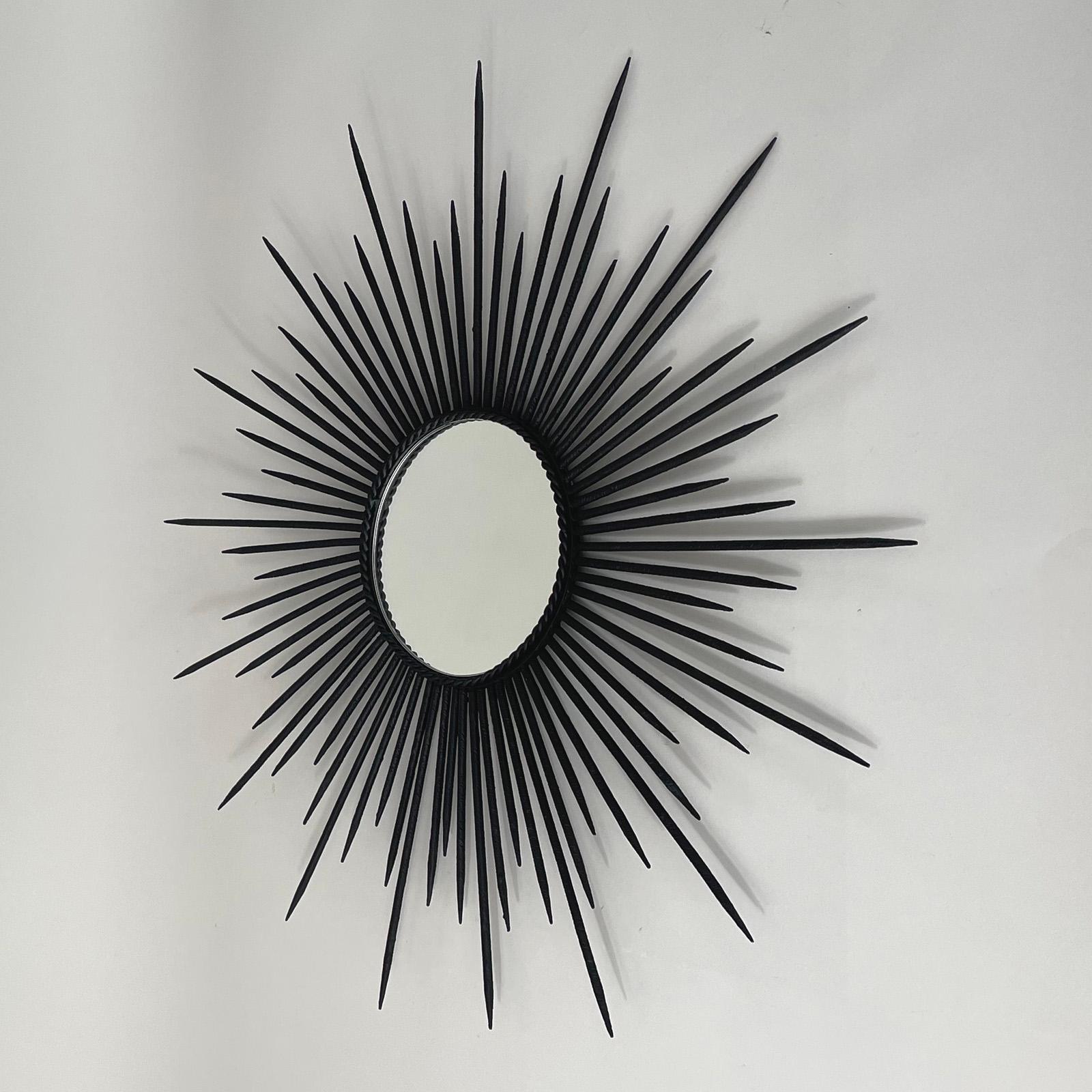 Brutalist Black Wrought Iron Sunburst Mirror, France, 1950s For Sale 6