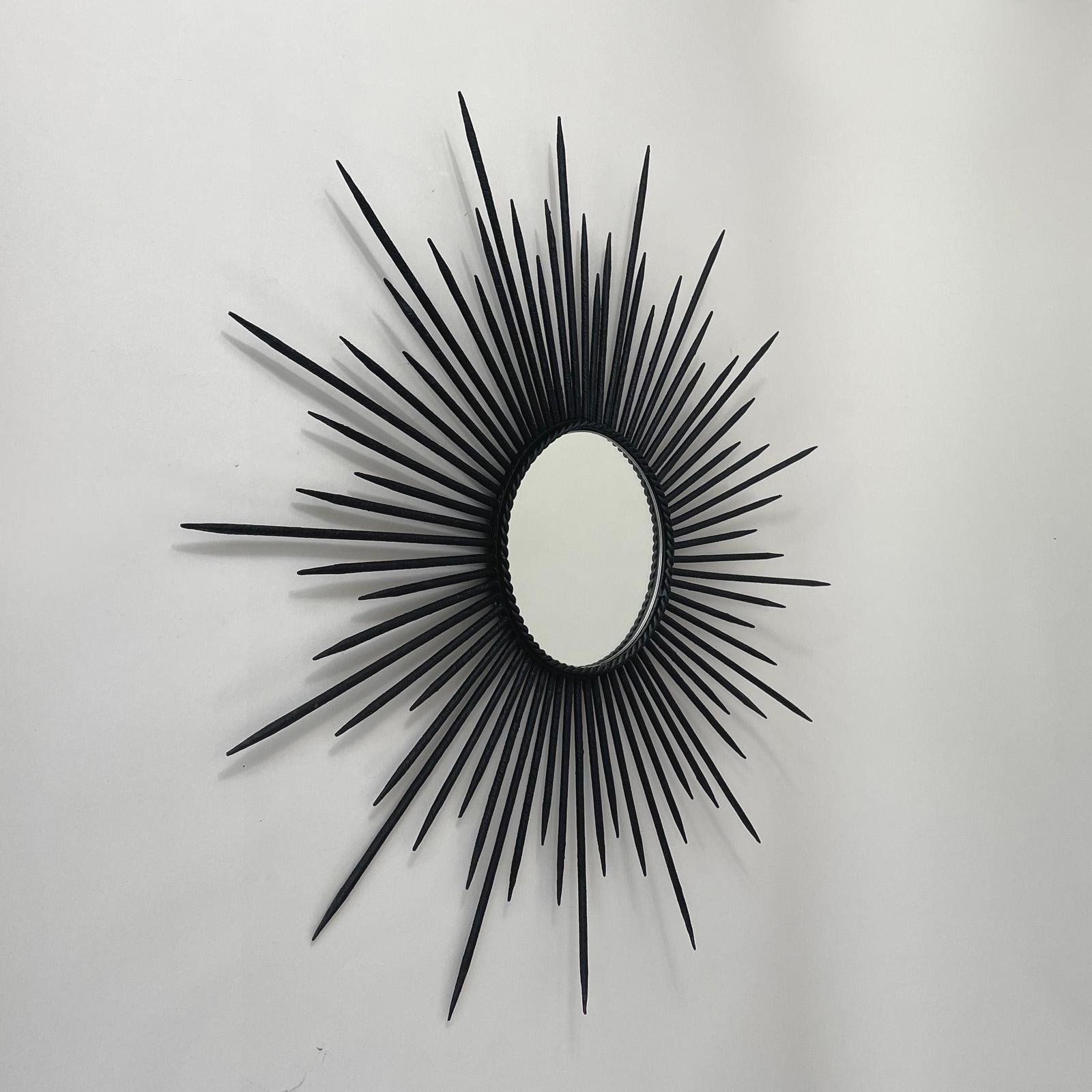 Brutalist Black Wrought Iron Sunburst Mirror, France, 1950s For Sale 7
