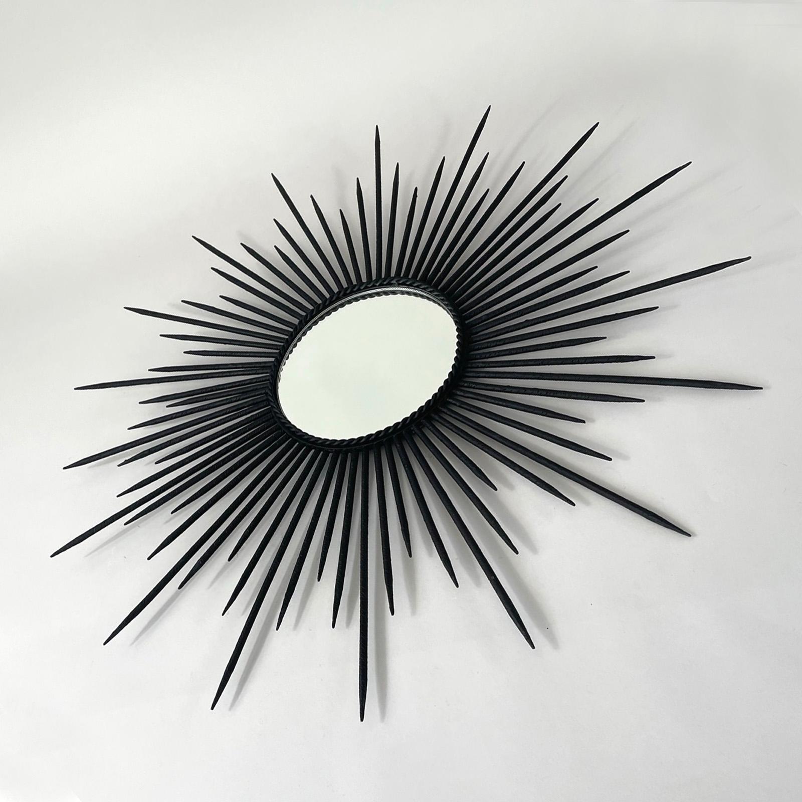 Mid-Century Modern Brutalist Black Wrought Iron Sunburst Mirror, France, 1950s For Sale