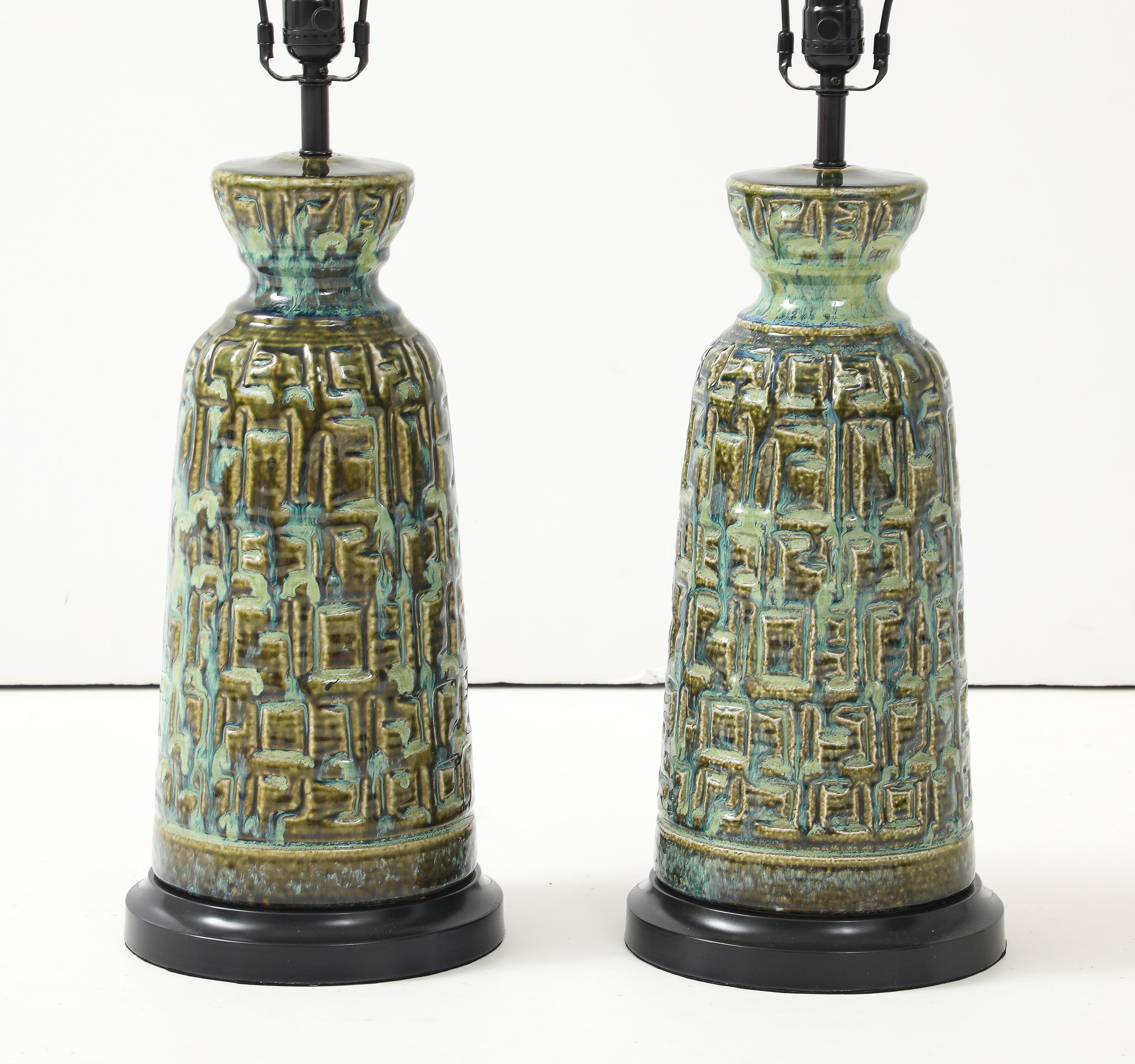 Brutalist Blue/Green Glazed Porcelain Lamps In Excellent Condition For Sale In New York, NY