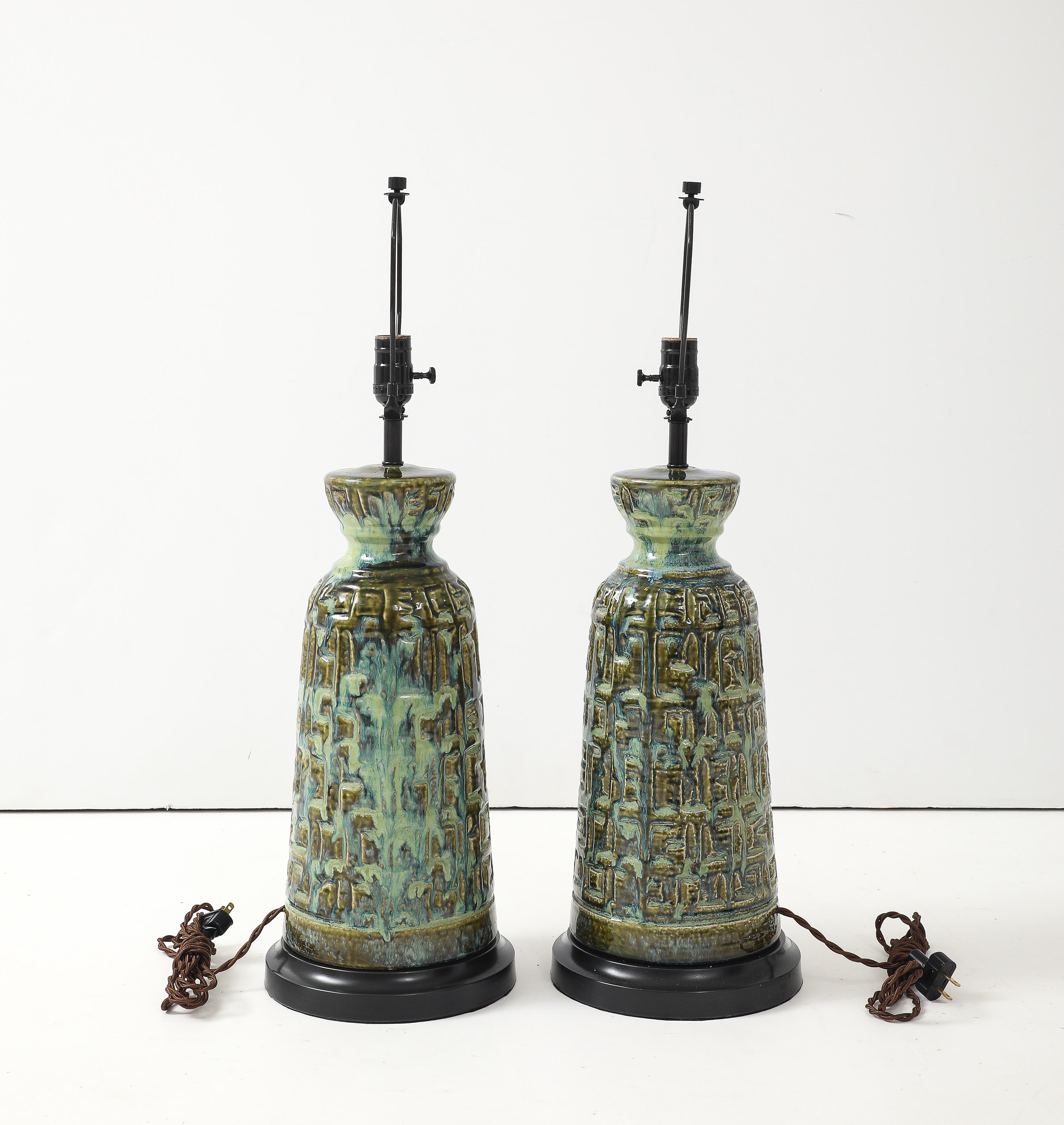 20th Century Brutalist Blue/Green Glazed Porcelain Lamps For Sale