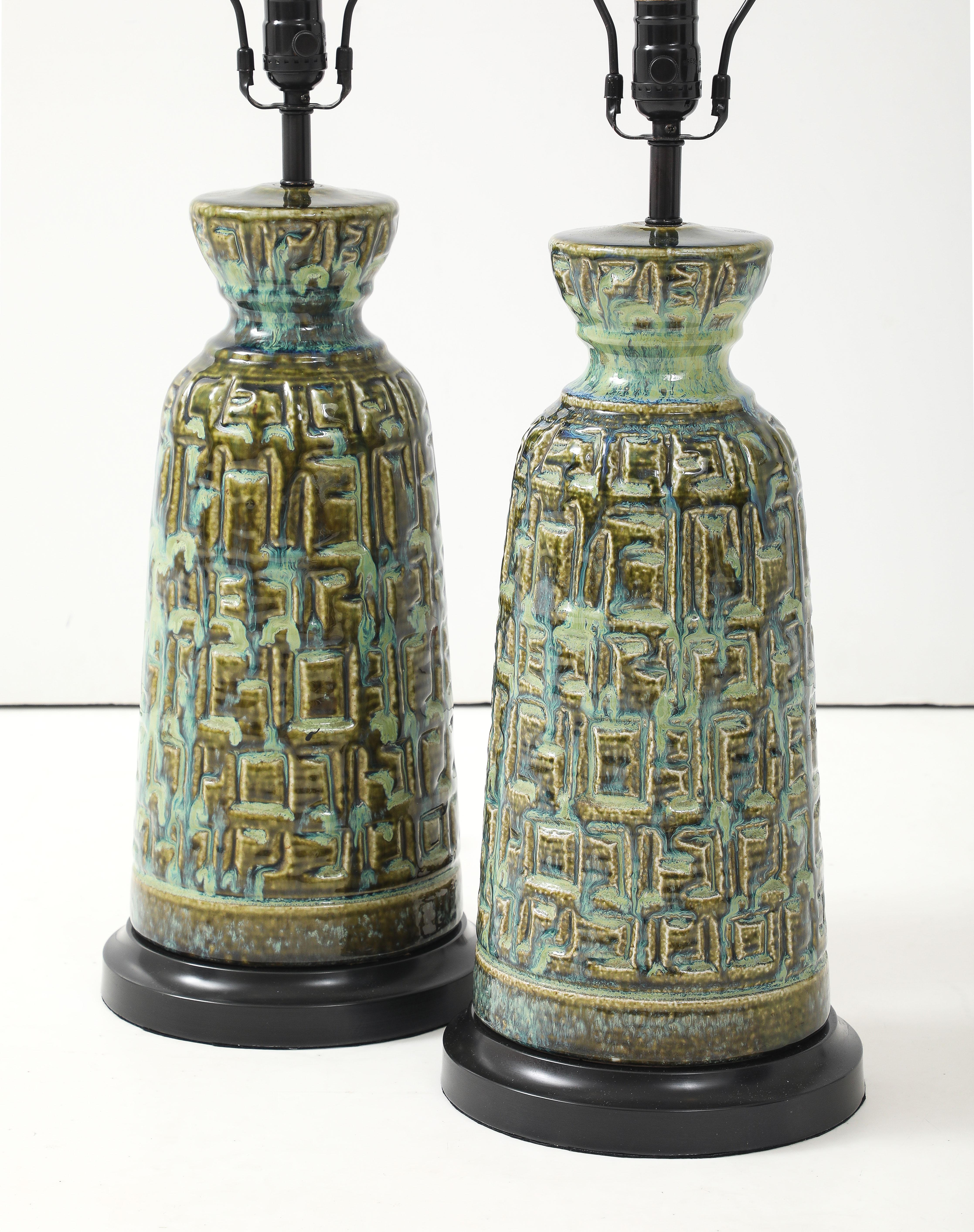 Bronze Brutalist Blue/Green Glazed Porcelain Lamps For Sale