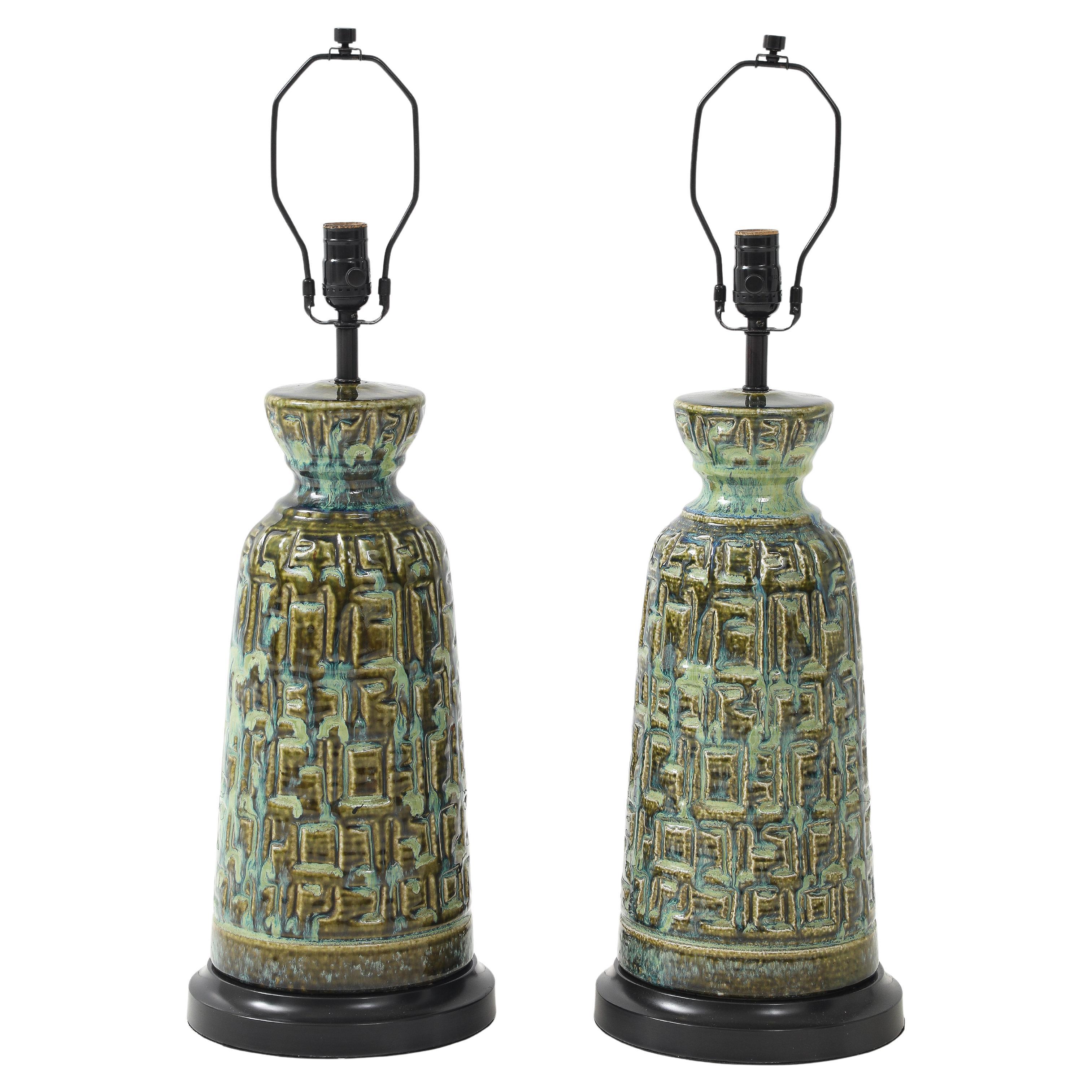 Brutalist Blue/Green Glazed Porcelain Lamps For Sale