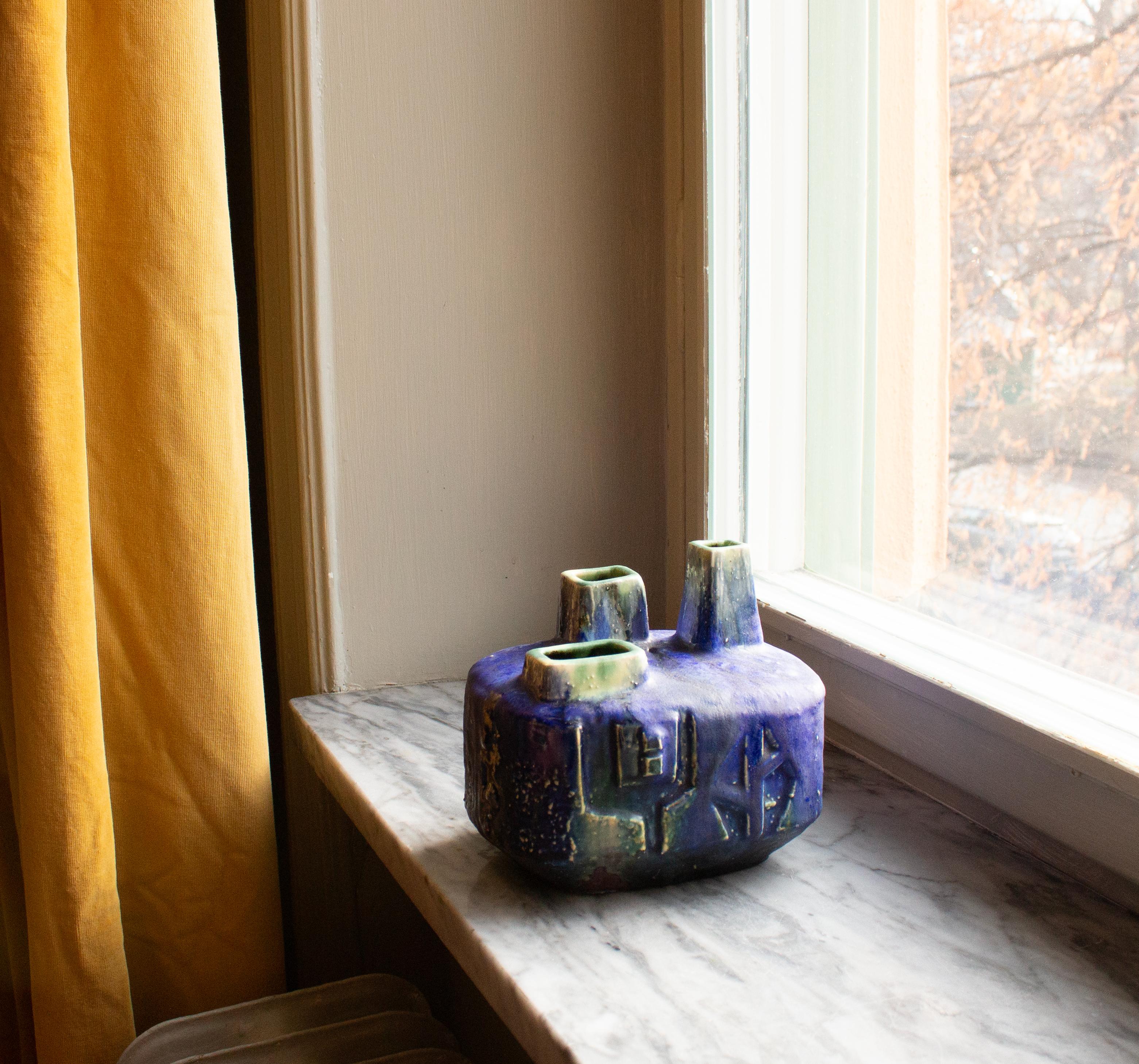 Brutalist Blue Green Vase by. Helmut Friedrich Schäffenacker, 1970s, Germany For Sale 5
