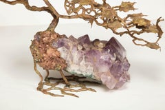 Scultura bonsai brutalista in ottone e ametista