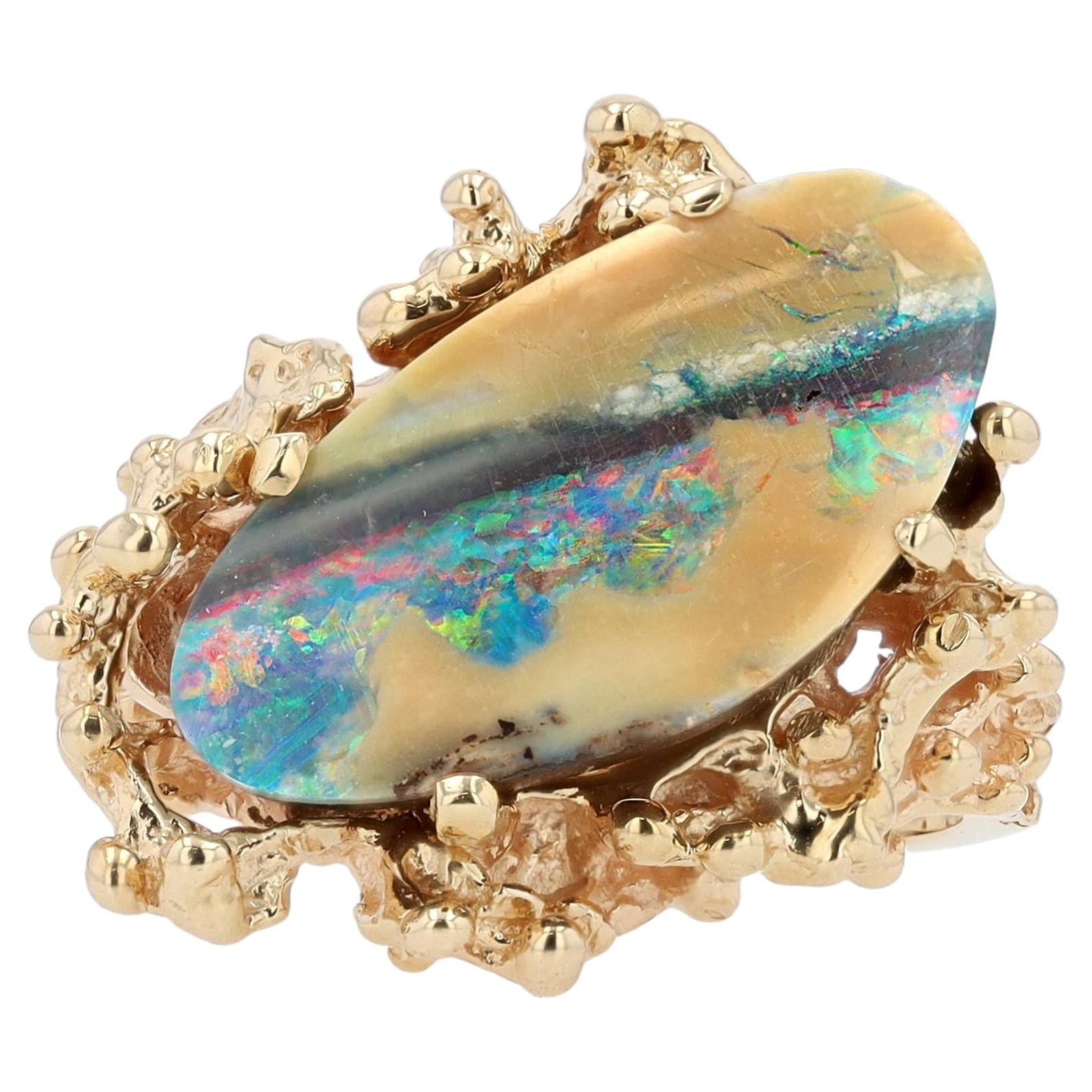 Brutalist 14k Yellow Gold Boulder Opal Cocktail Ring, 1960s Vintage