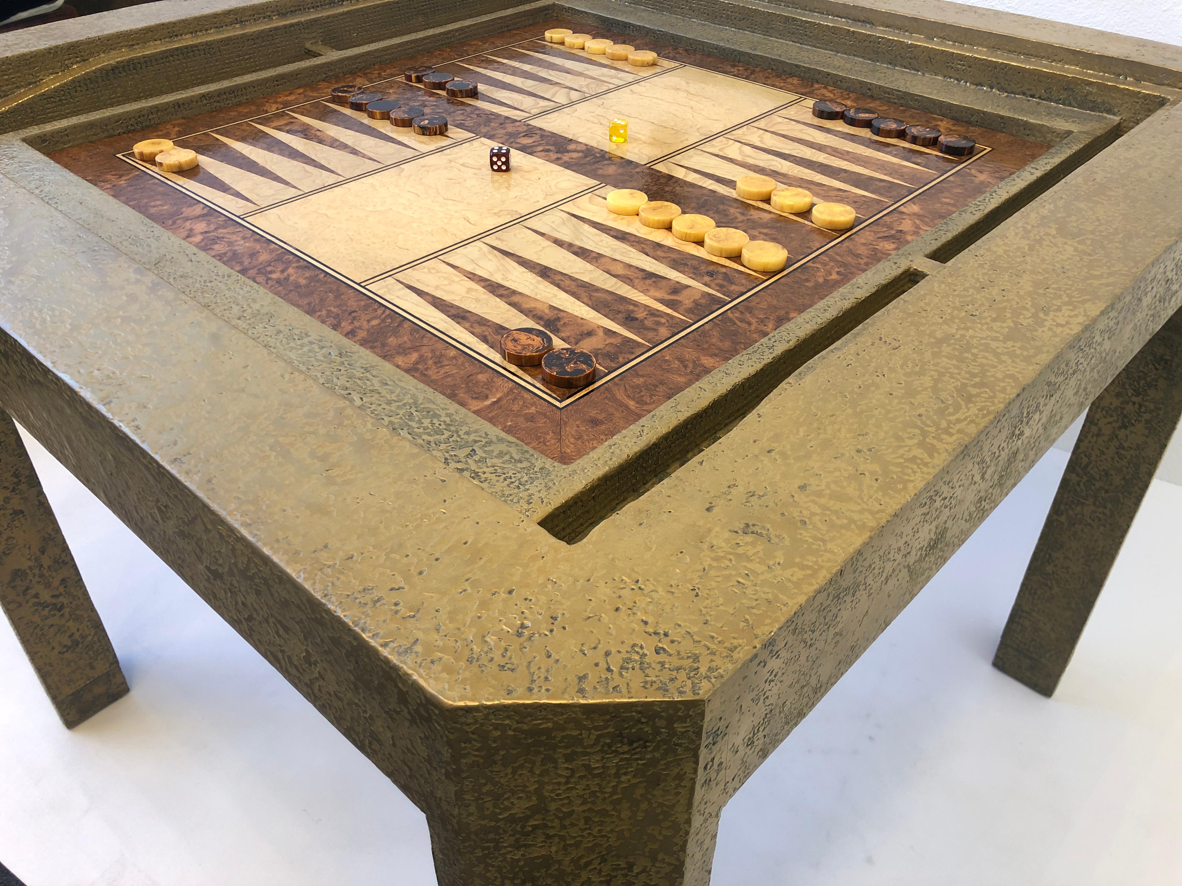Modern Brutalist Brass and Burlwood Game Table by Steve Chase