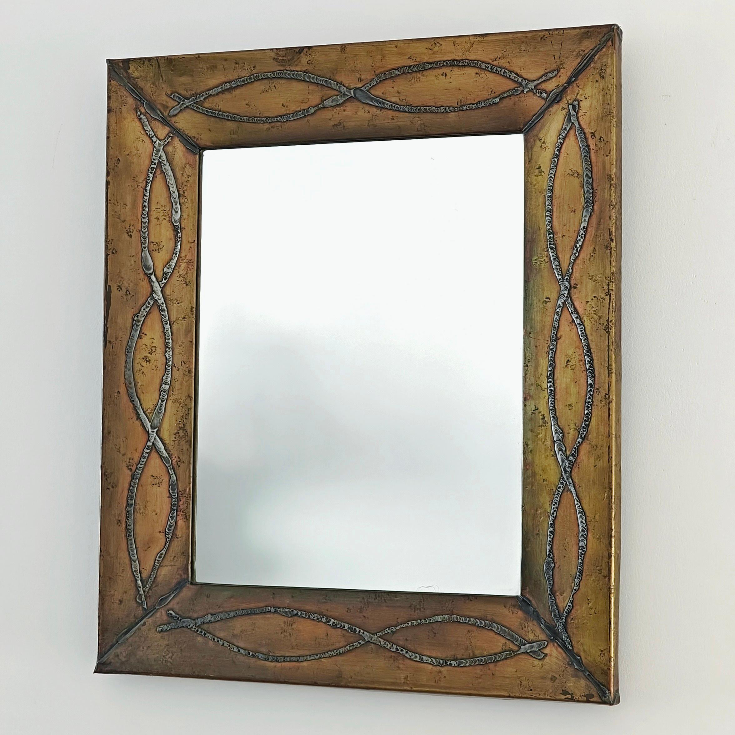 French Brutalist brass and tin mirror by Jean Goardère For Sale