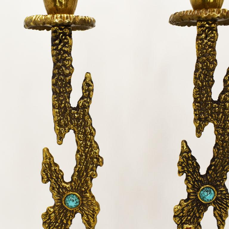 Brutalist Brass and Turquoise Candleholders, a Pair In Good Condition For Sale In Oklahoma City, OK