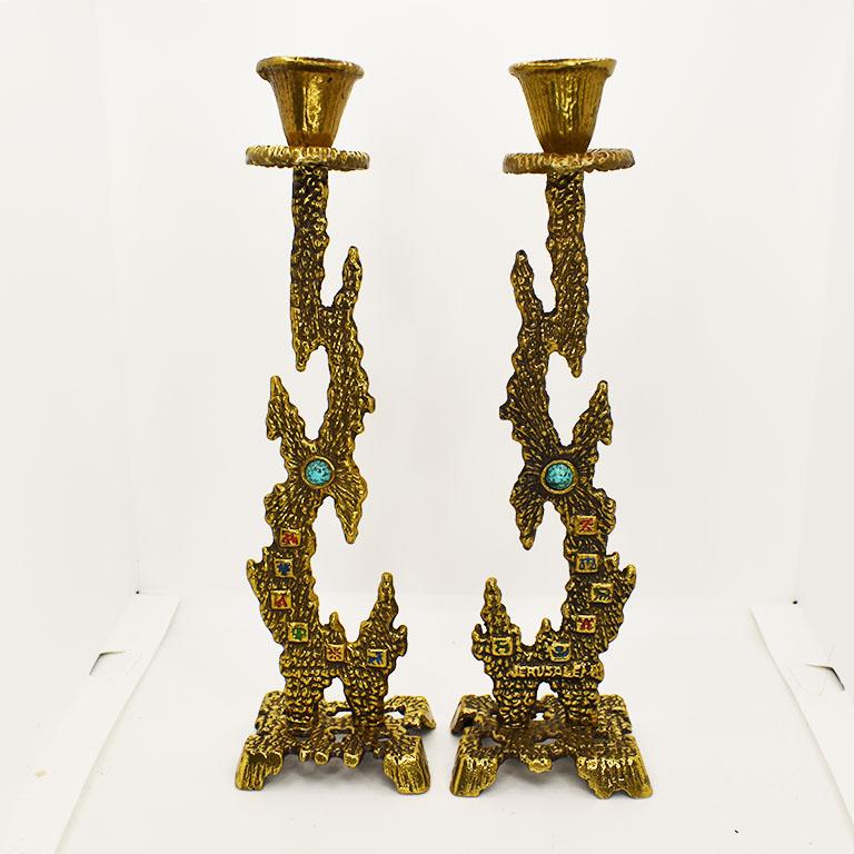 20th Century Brutalist Brass and Turquoise Candleholders, a Pair For Sale