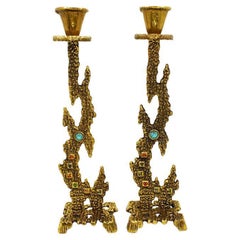 Brutalist Brass and Turquoise Candleholders, a Pair