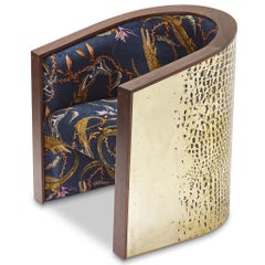 Brutalist Brass and Velvet Lounge Chair with Etched Crocodile Finish, Egg Design