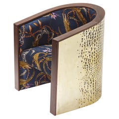 Brutalist Brass and Velvet Lounge Chair with Etched Crocodile Finish, Egg Design