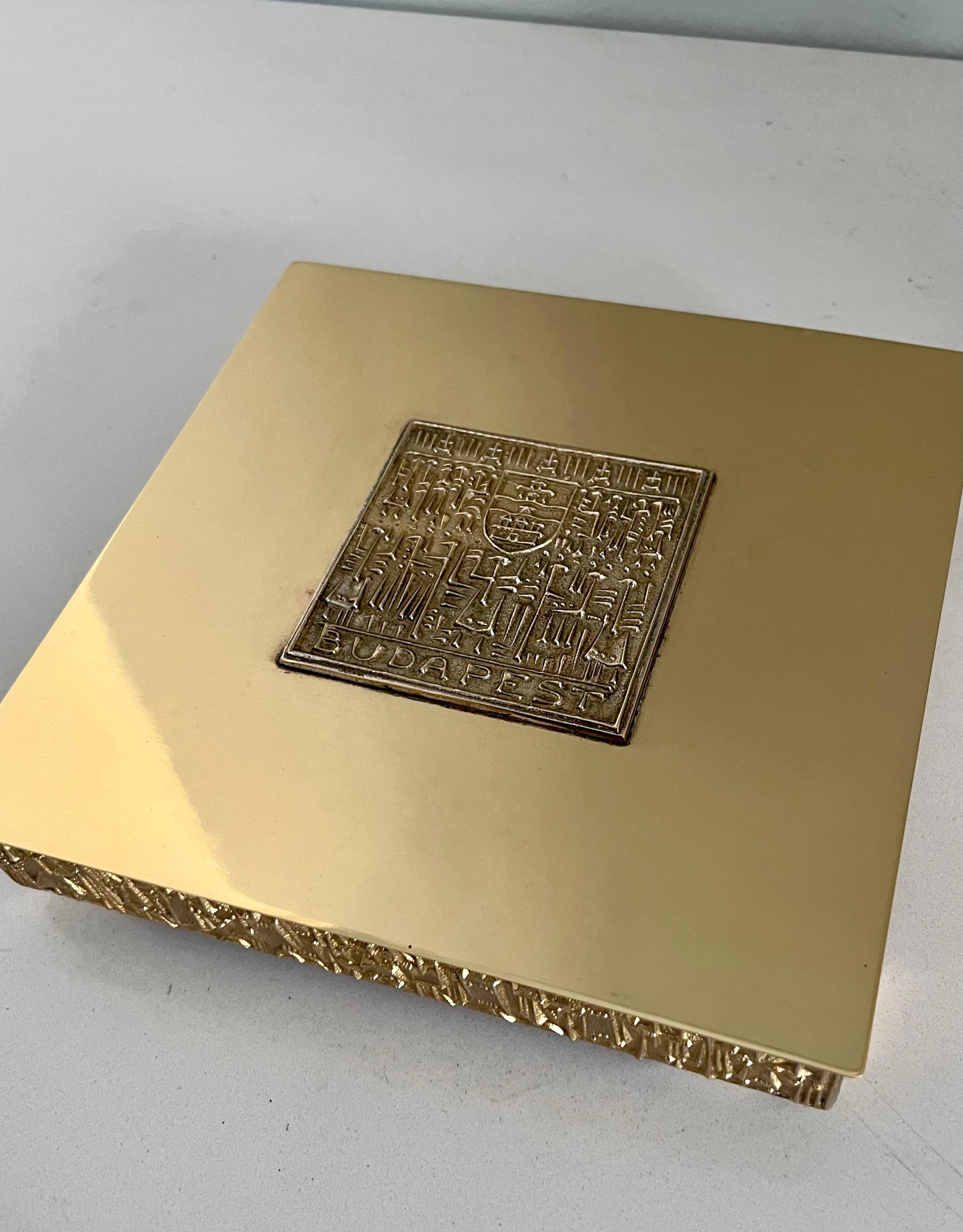 Polished Brutalist Brass and Wood Lined Lidded Box Marked Budapest