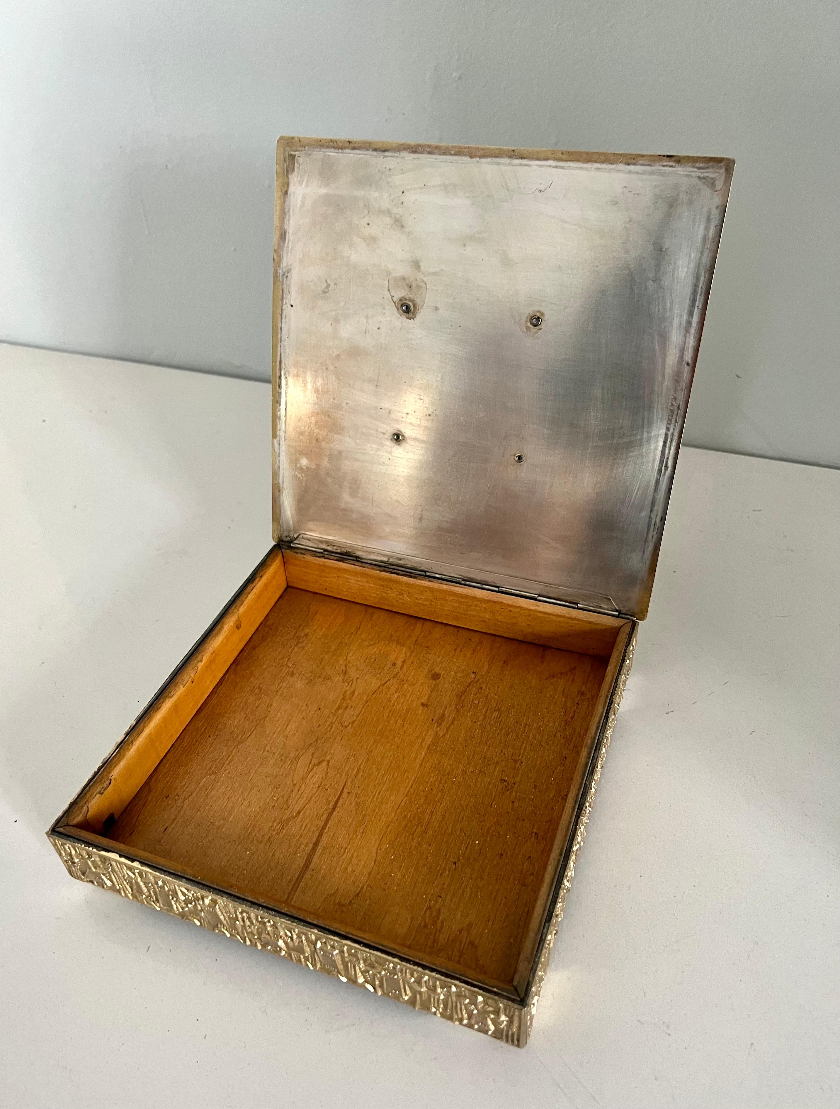 Brutalist Brass and Wood Lined Lidded Box Marked Budapest In Good Condition In Los Angeles, CA