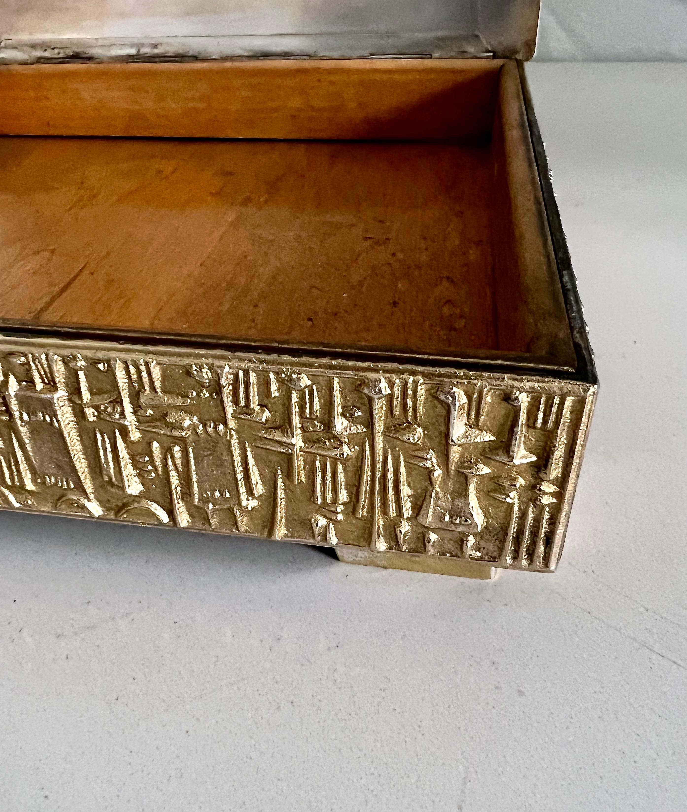 20th Century Brutalist Brass and Wood Lined Lidded Box Marked Budapest
