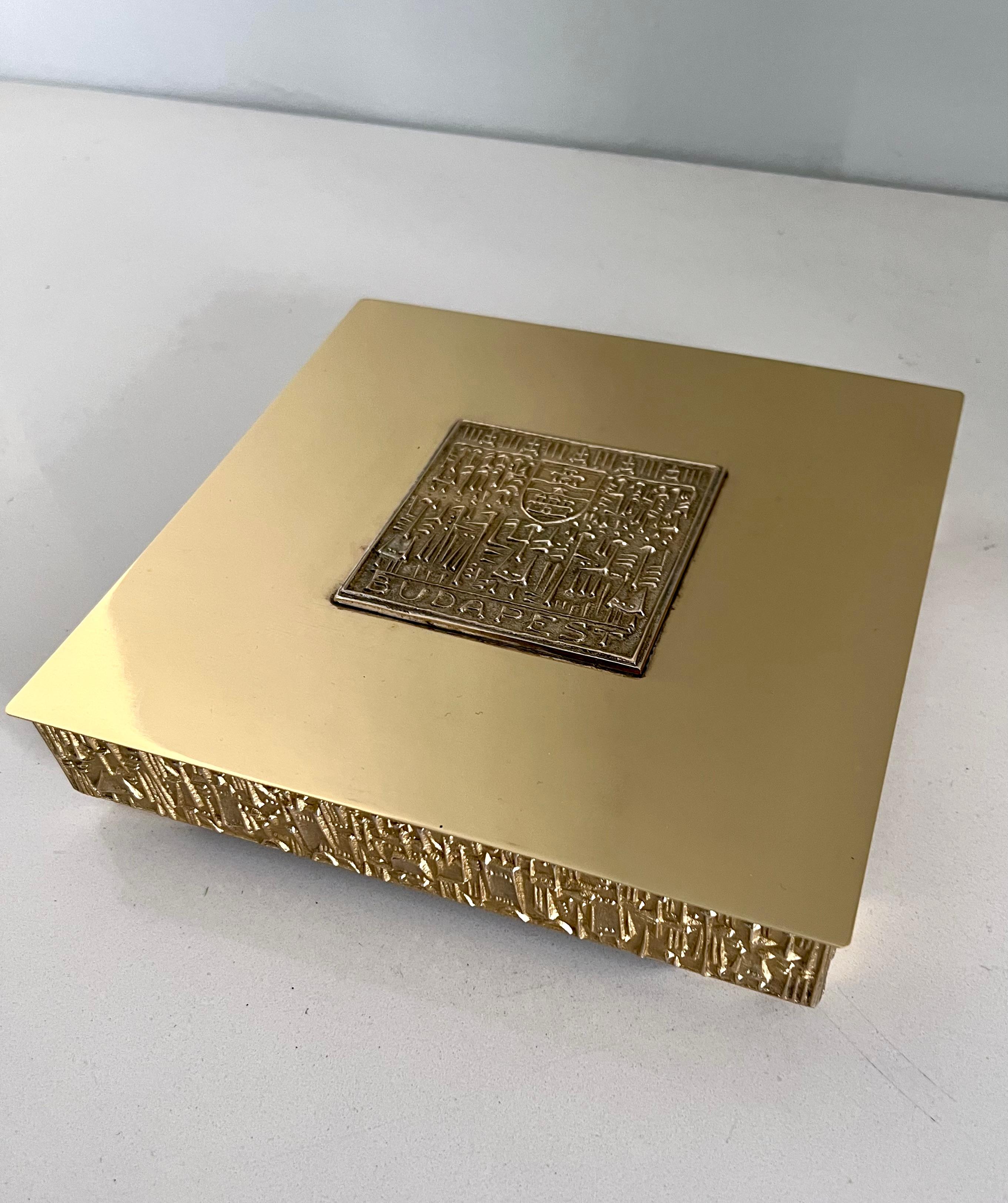 Brutalist Brass and Wood Lined Lidded Box Marked Budapest 2
