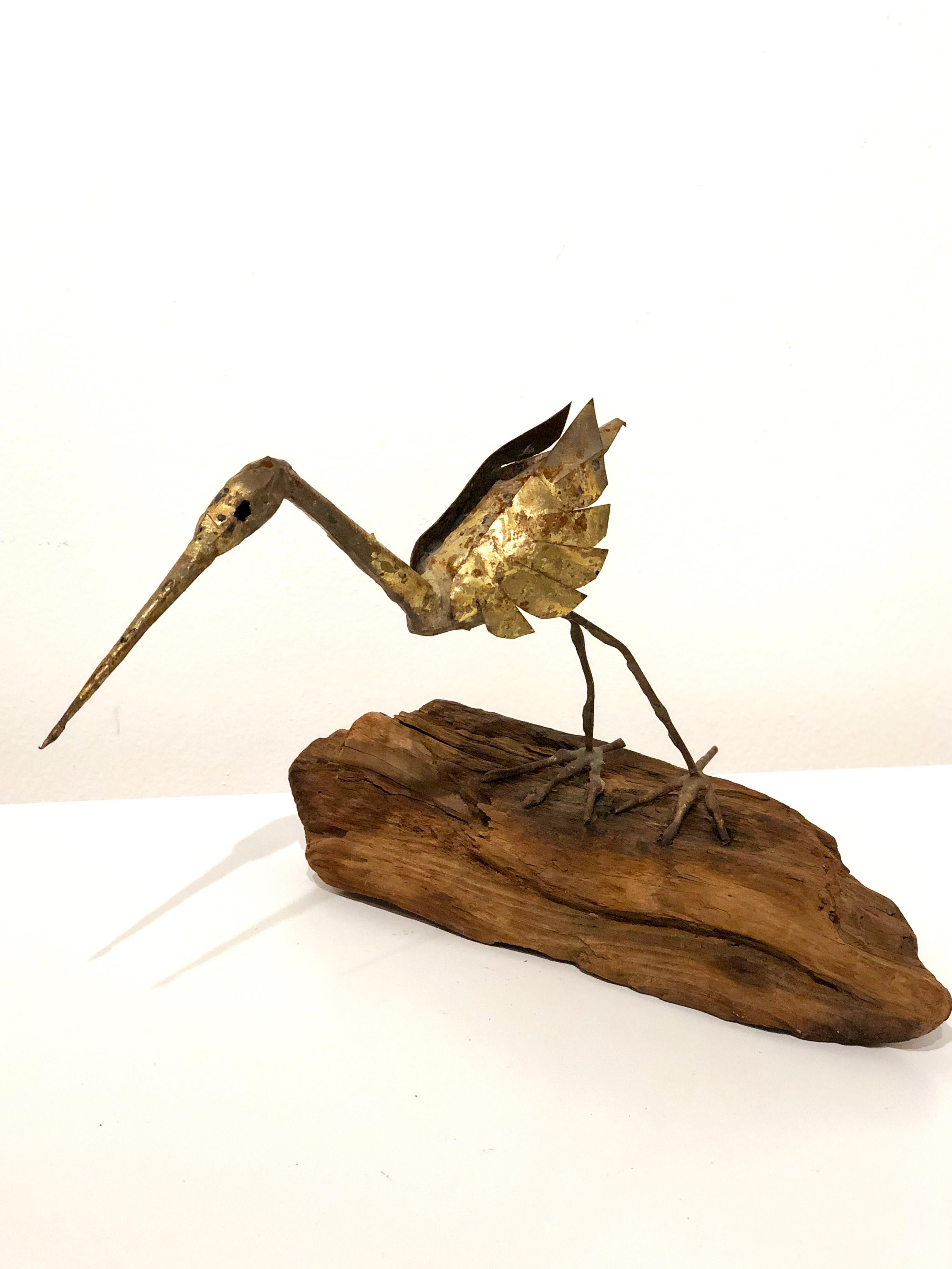 American Brutalist Brass Bird Sculpture Sitting on Drift Wood