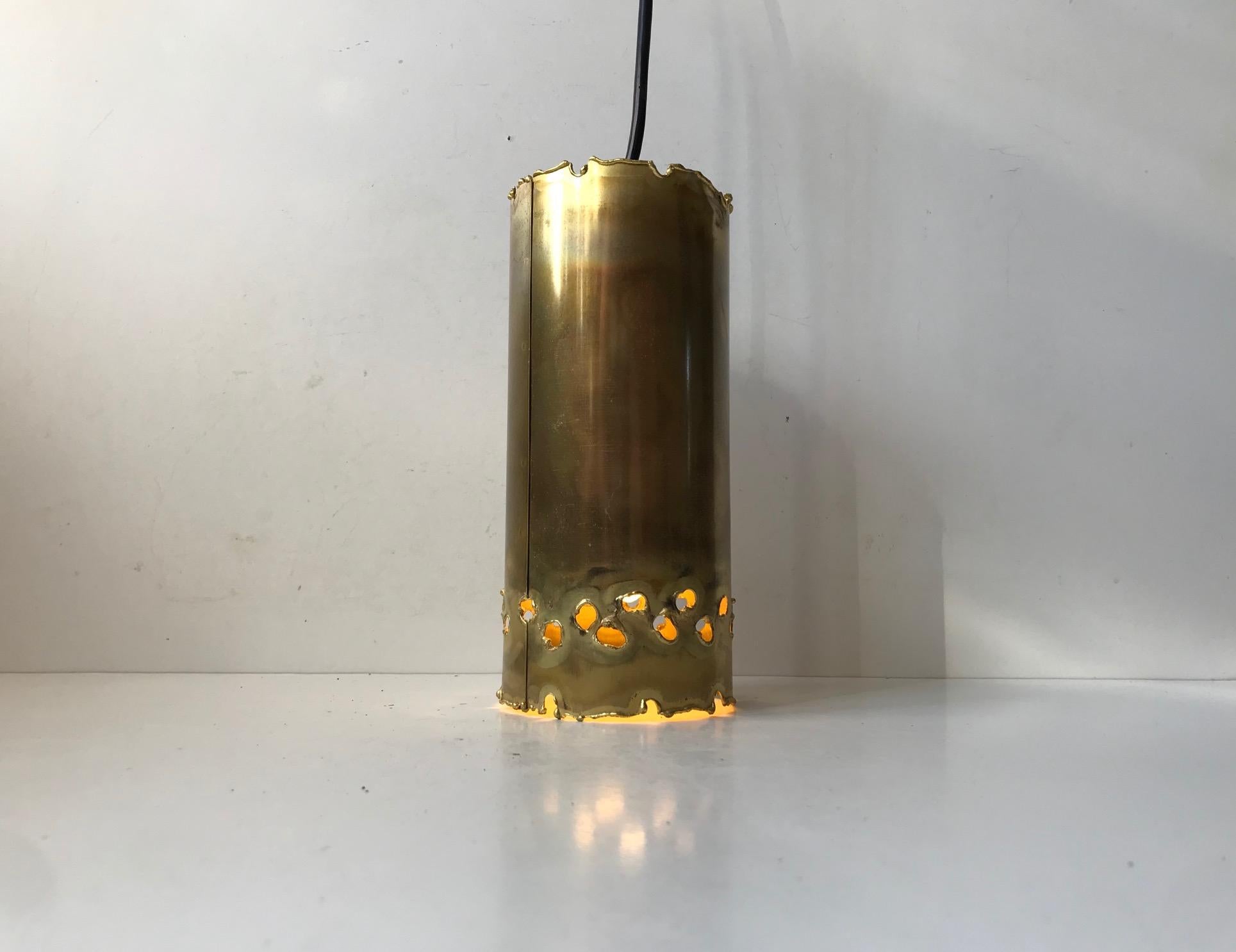 Acid treated and torch-cut pendant designed by Svend Aage Holm Sørensen in the early 1960s. Manufactured by Holm-Sørensen & Pedersen in Denmark, circa 1970. Makers mark present to the black canopy that will come along.