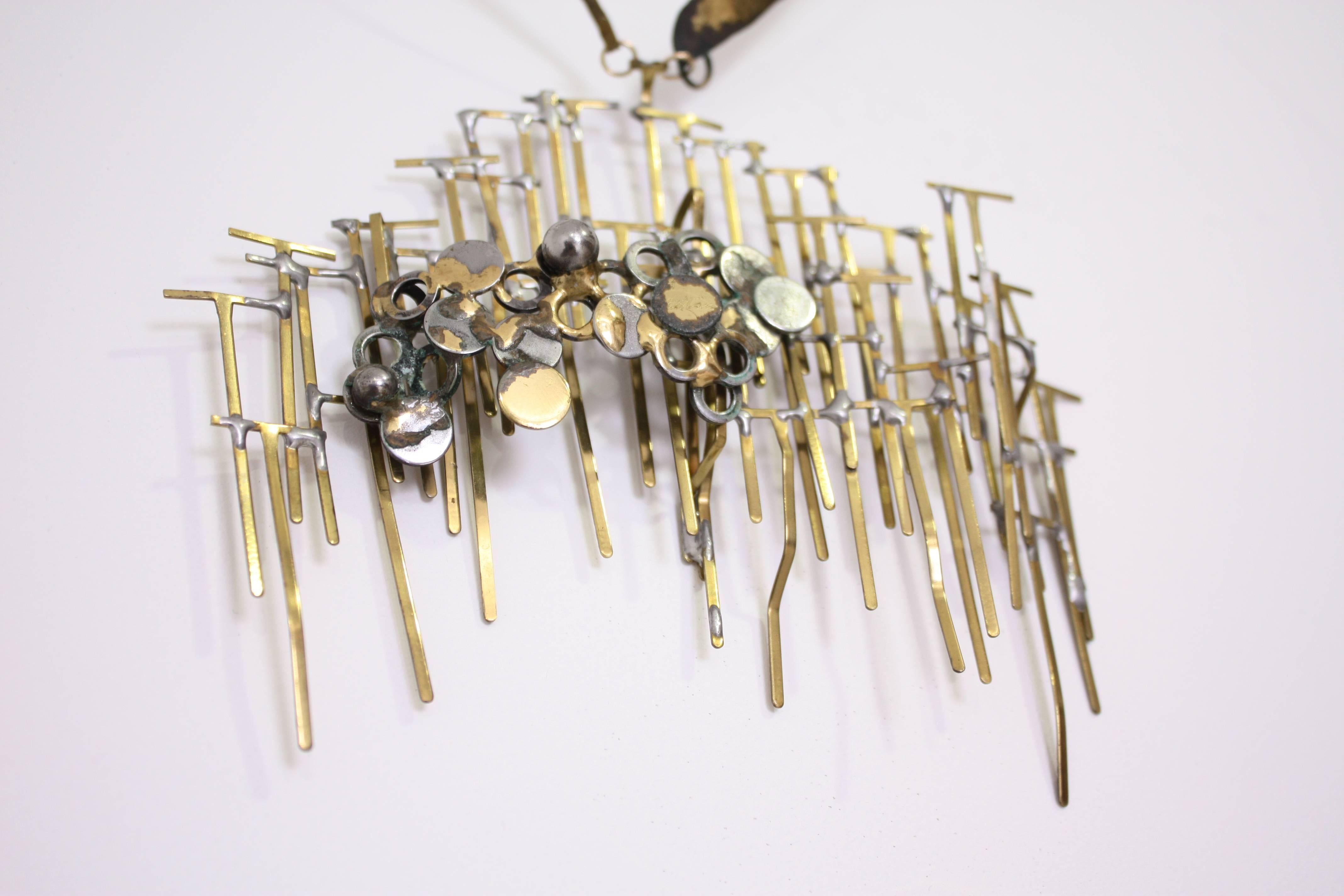 Signed Brutalist brass necklace.