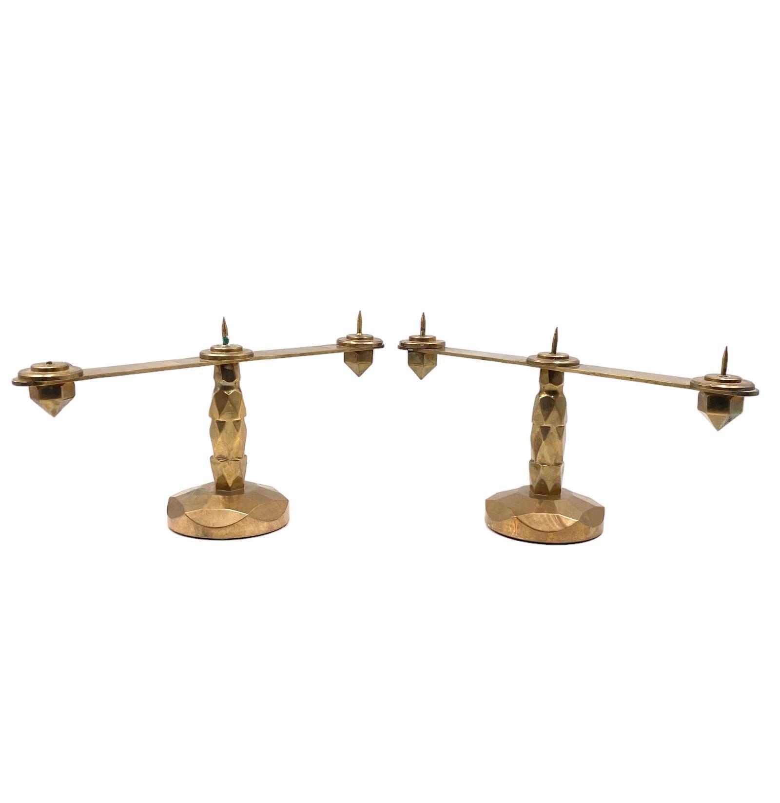 Brutalist brass pair of candle holders, France 1970s For Sale 5