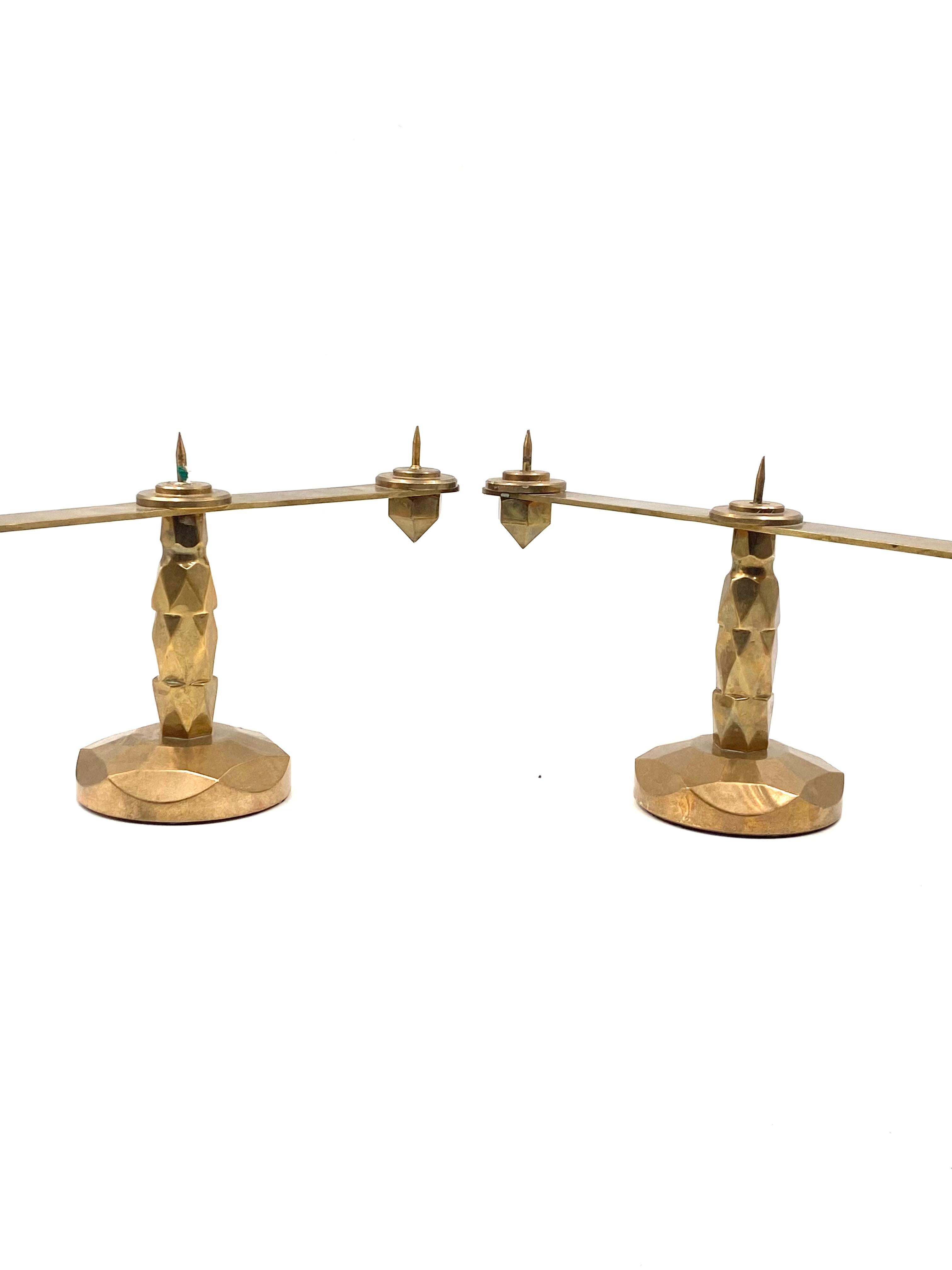 Brutalist brass pair of candle holders, France 1970s For Sale 6
