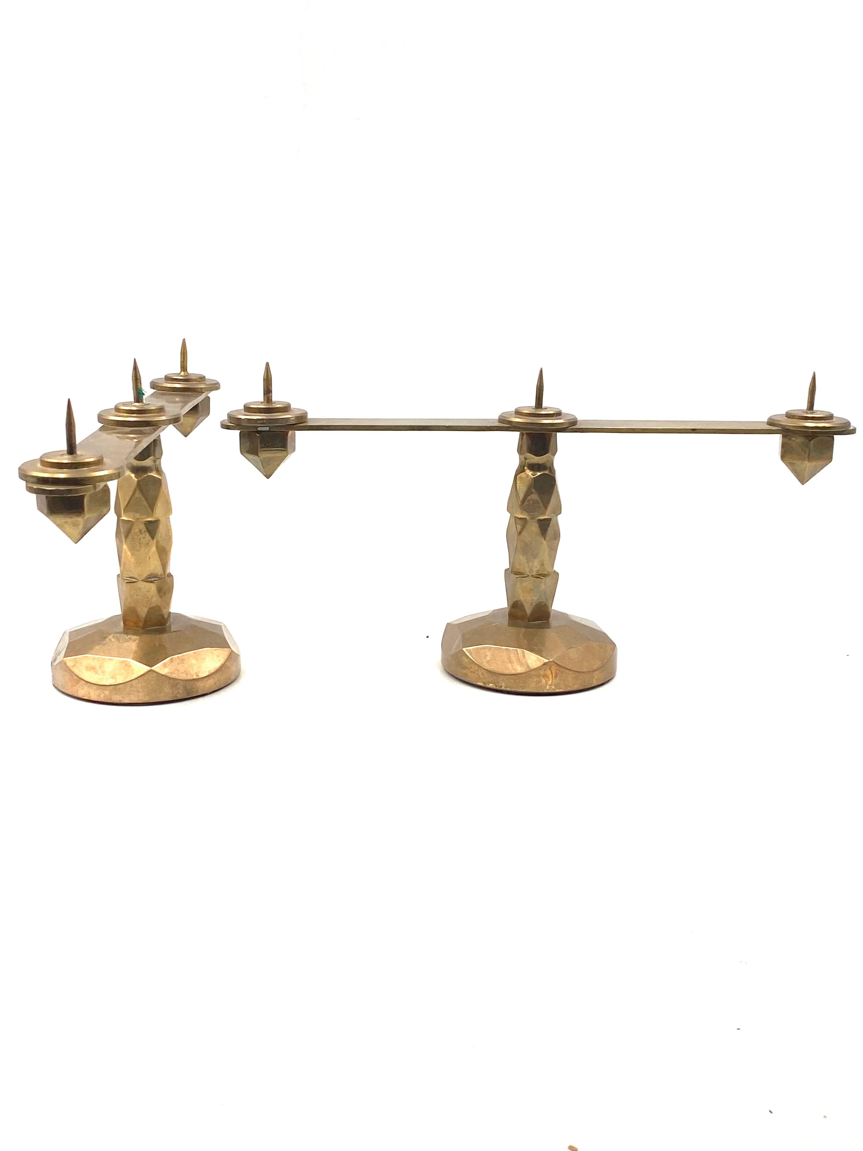 Brutalist brass pair of candle holders, France 1970s For Sale 8
