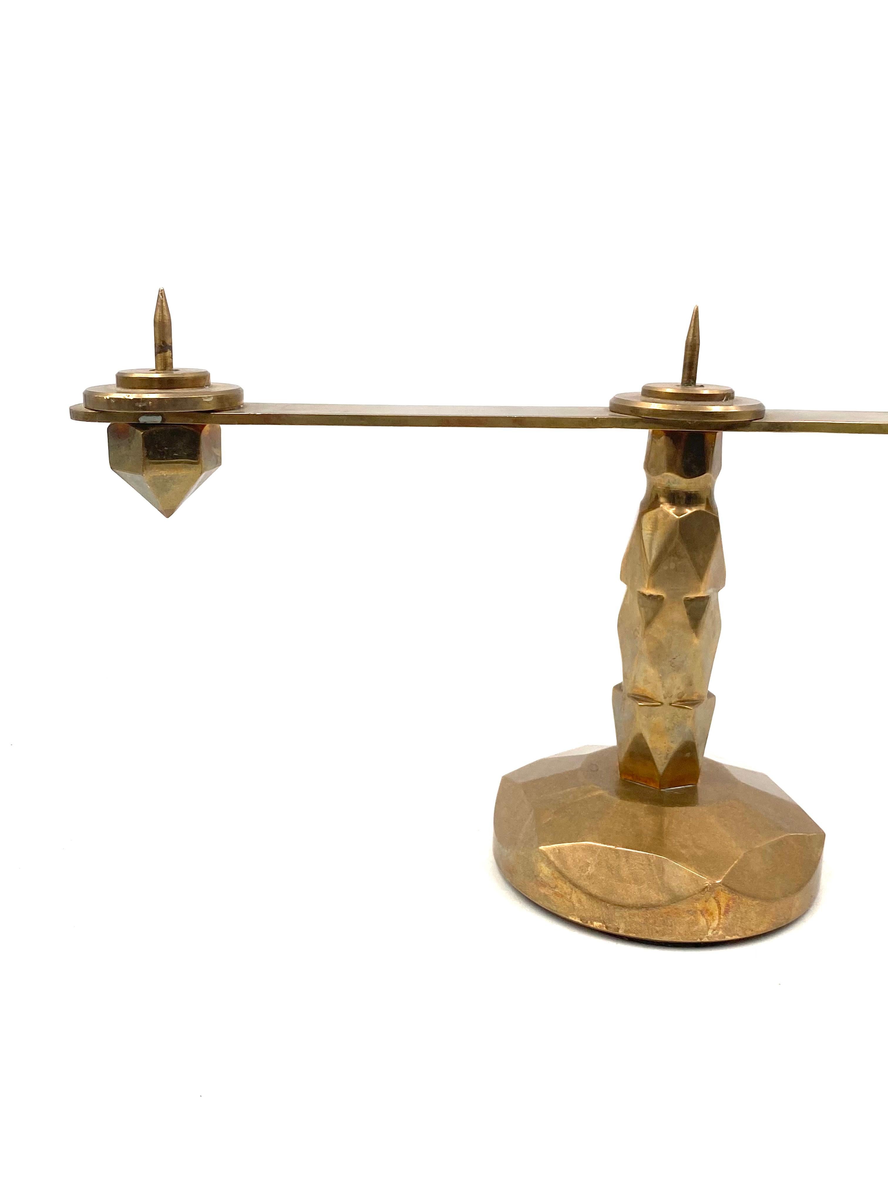 Brutalist brass pair of candle holders, France 1970s For Sale 11