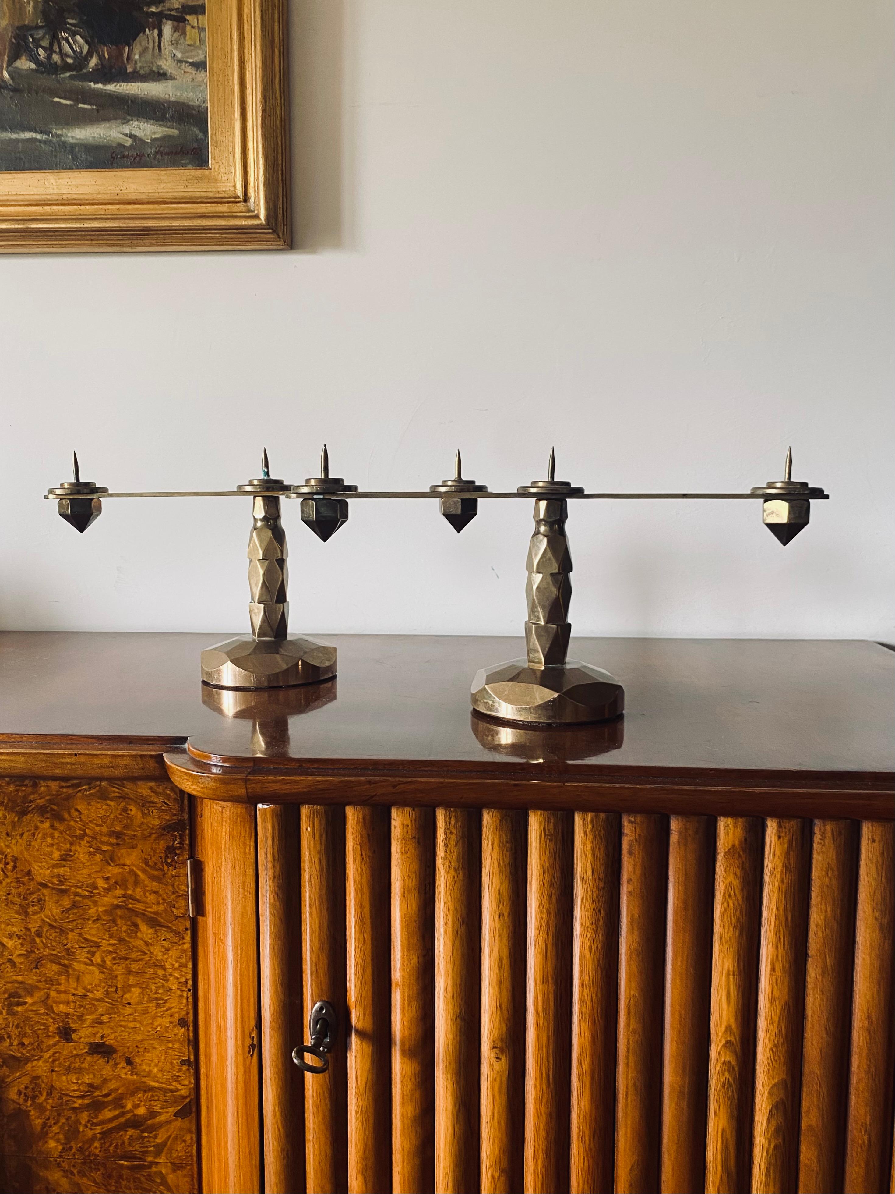 French Brutalist brass pair of candle holders, France 1970s For Sale