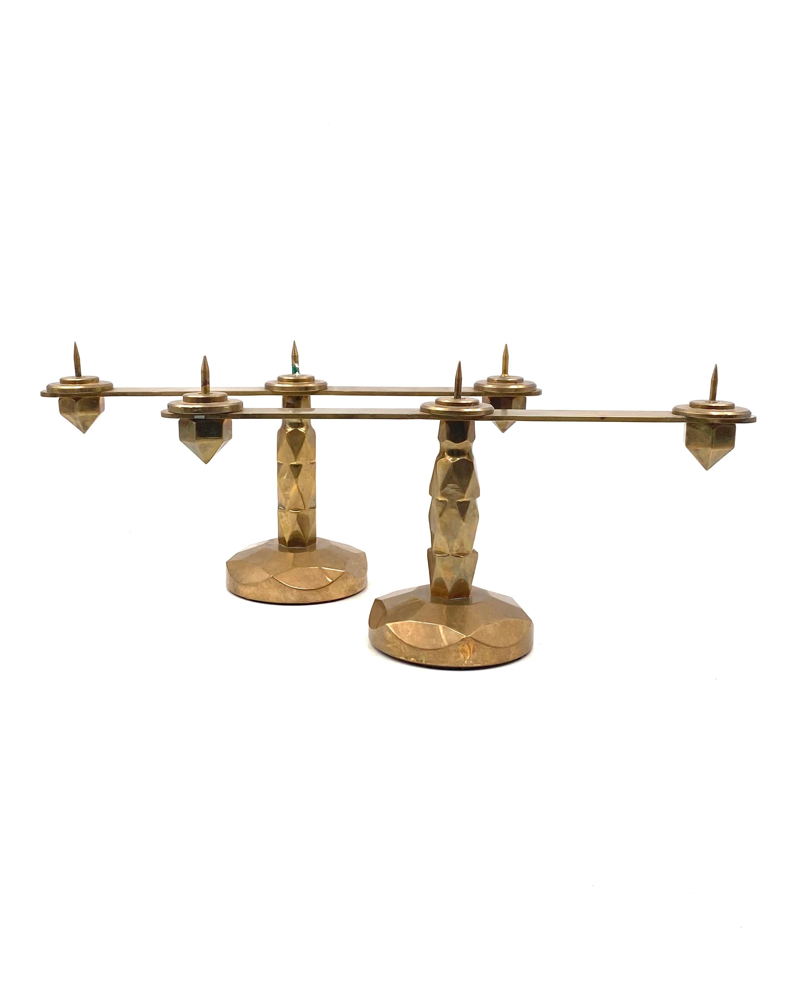 Brutalist brass pair of candle holders, France 1970s For Sale 3