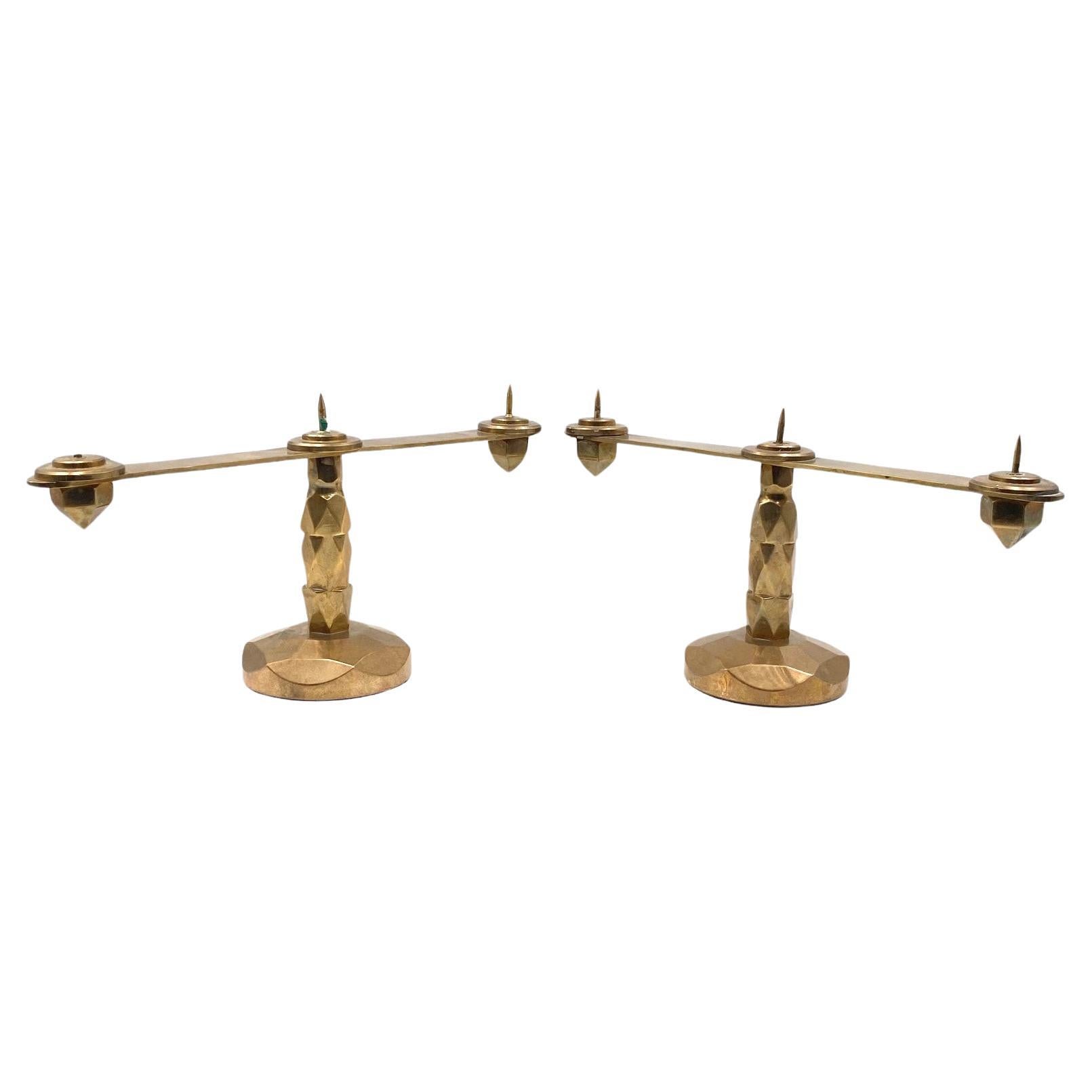 Brutalist brass pair of candle holders, France 1970s For Sale