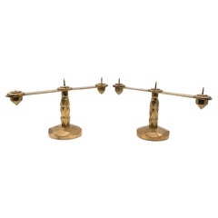 Vintage Brutalist brass pair of candle holders, France 1970s