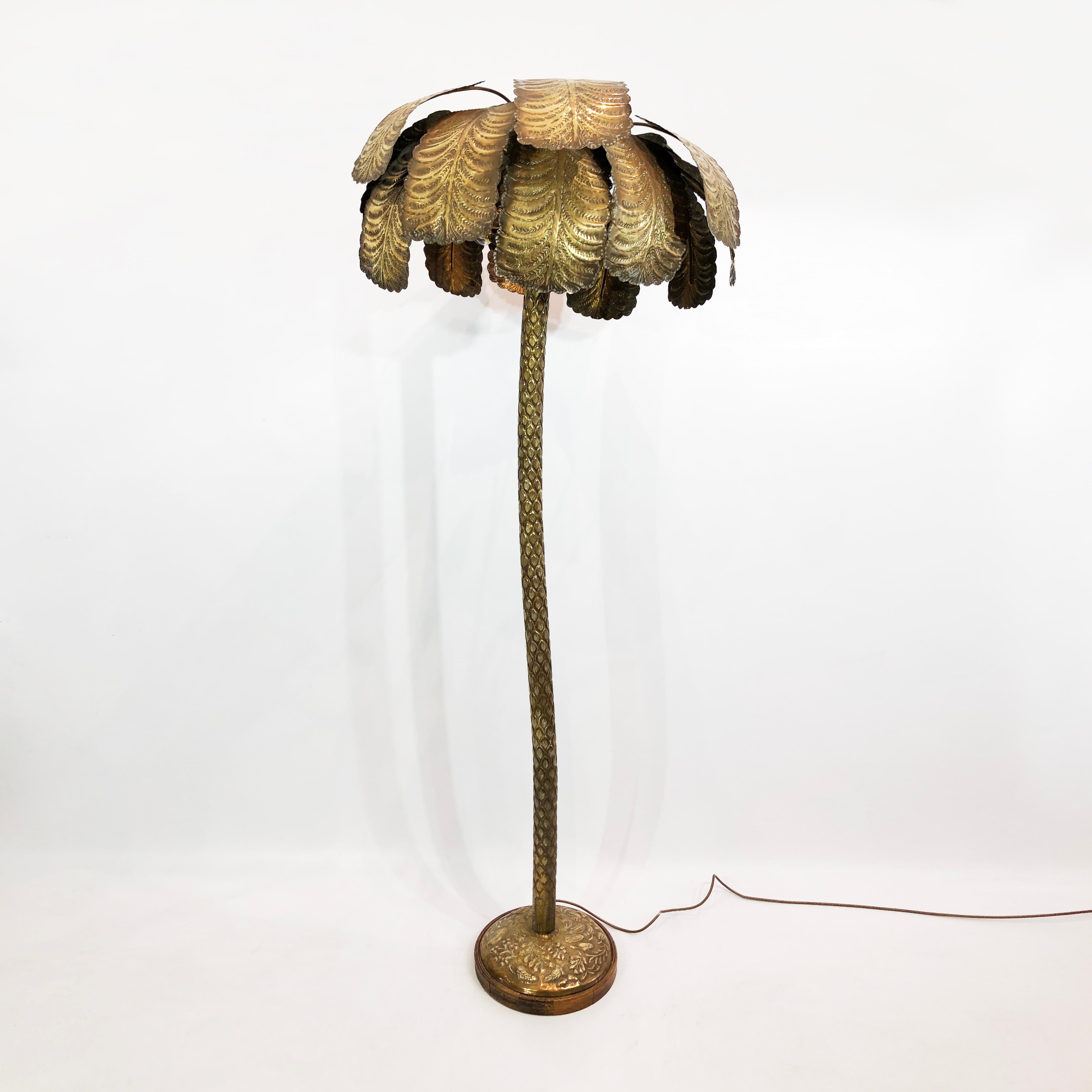 Spanish Brutalist Brass Palm Tree Floor Lamp 1970 Hollywood Regency Maison Jansen Style  For Sale